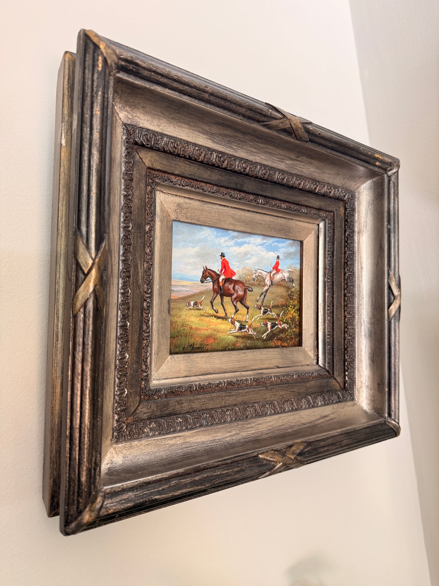 Vintage fox hunt oil on board, signed W. Thomas