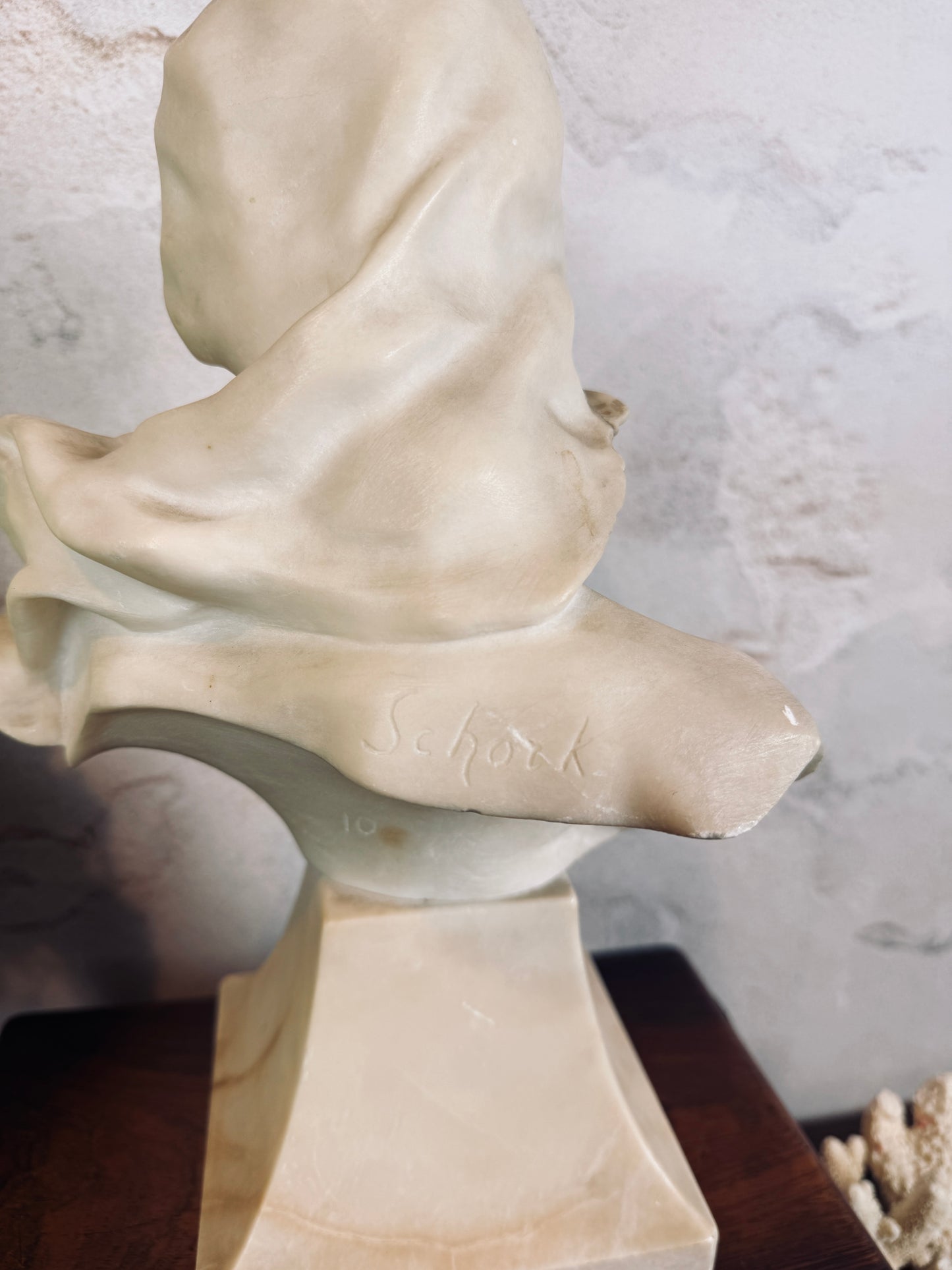 Antique Art Nouveau alabaster bust of hooded maiden, signed