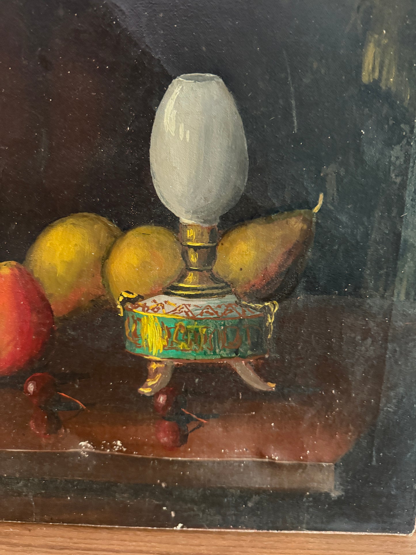Vintage Still Life Oil Painting - Fruit & Pottery Arrangement on Canvas