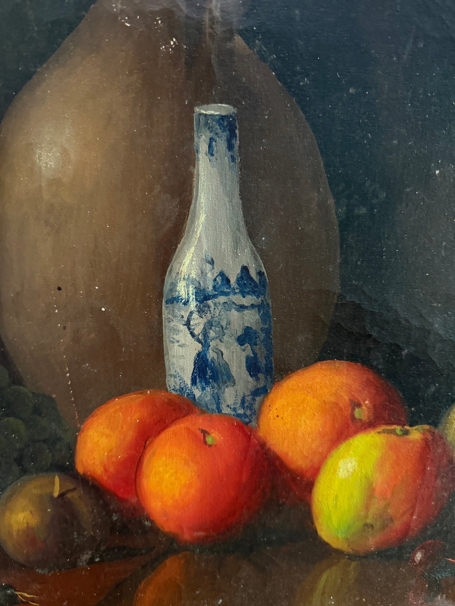Vintage Still Life Oil Painting - Fruit & Pottery Arrangement on Canvas