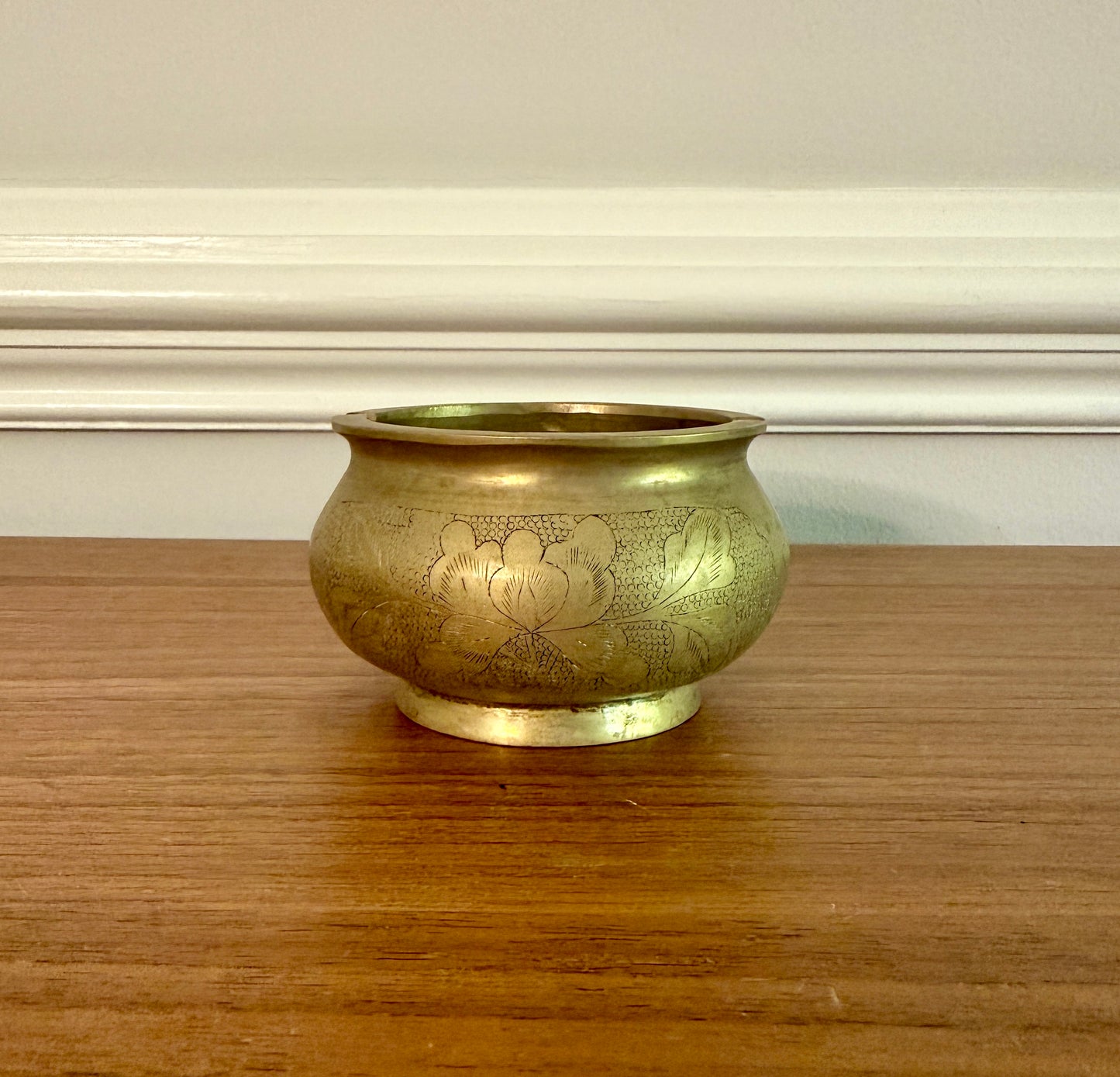 Vintage Chinese Brass Engraved Floral Ashtray - Etched Lotus & Leaf Design