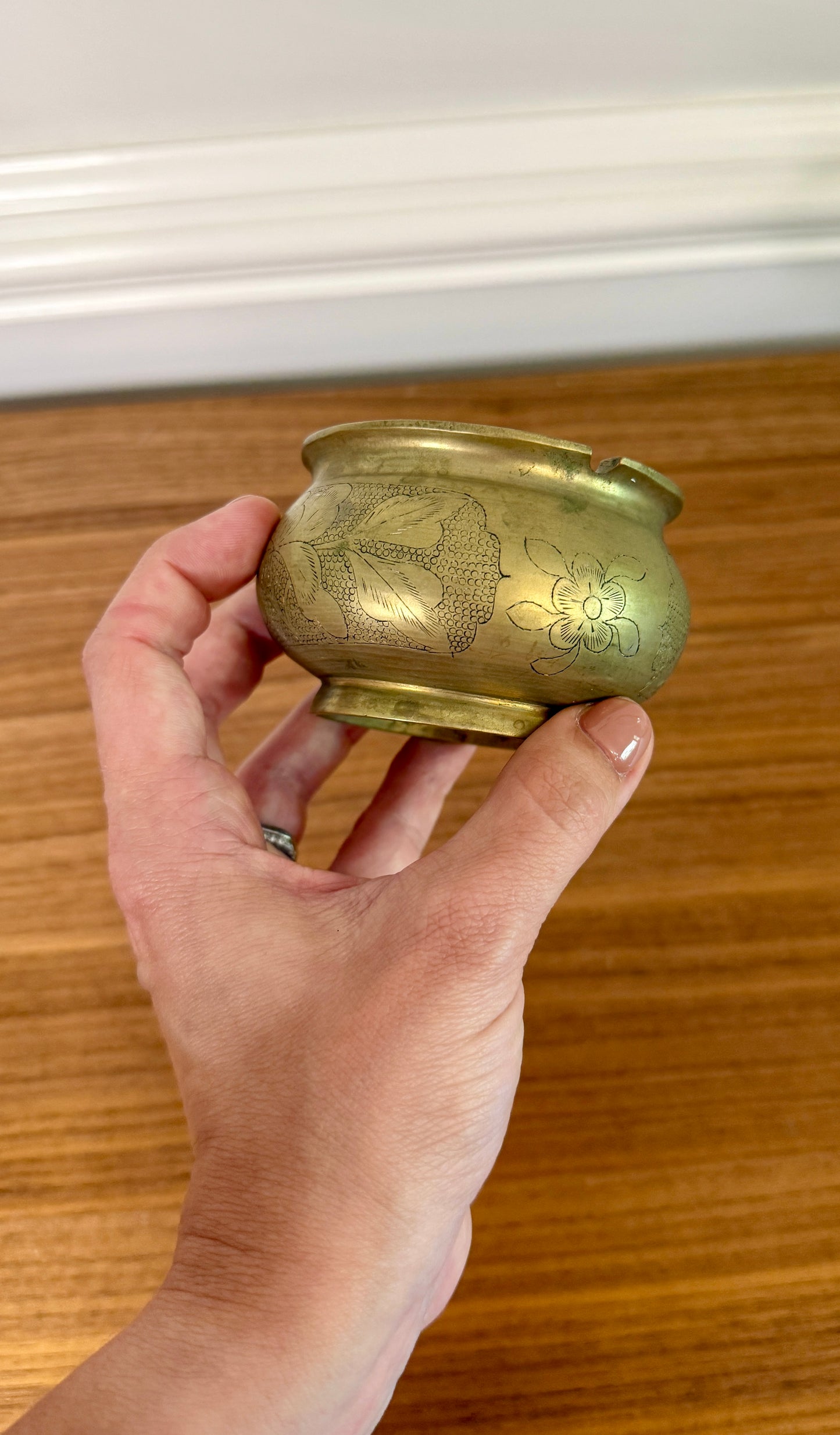 Vintage Chinese Brass Engraved Floral Ashtray - Etched Lotus & Leaf Design
