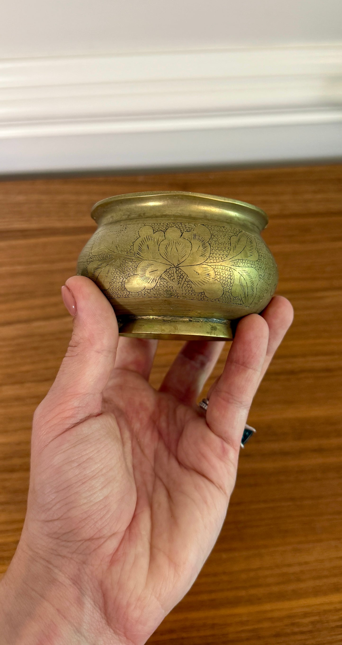 Vintage Chinese Brass Engraved Floral Ashtray - Etched Lotus & Leaf Design