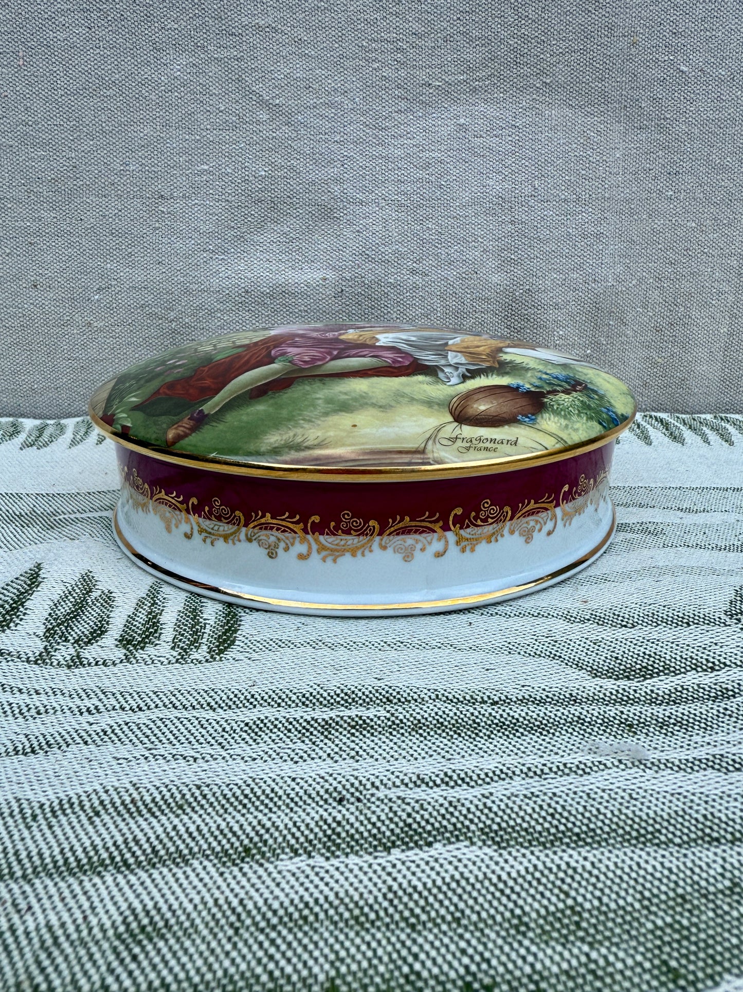 Vintage Limoges France Porcelain Trinket Box - Fragonard "The Swing" Romantic Scene