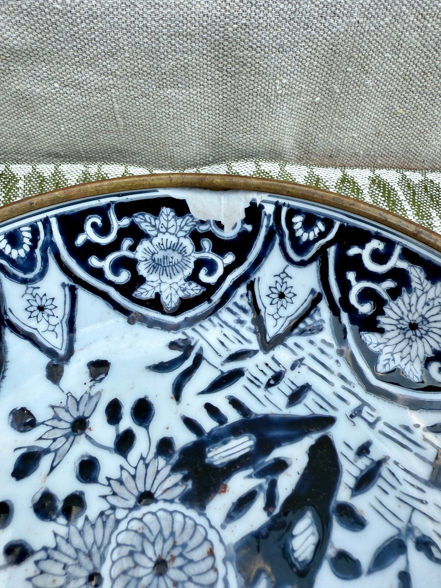 Vintage Japanese Blue & White Porcelain Bowl - Hand-Painted Floral Design with Brass Rim