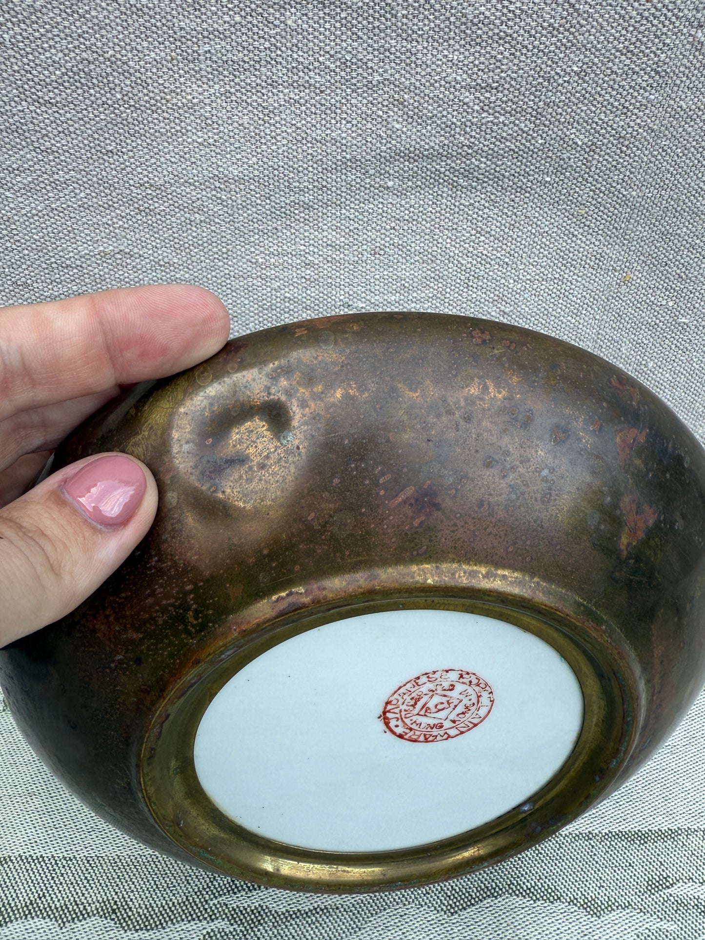 Vintage Japanese Blue & White Porcelain Bowl - Hand-Painted Floral Design with Brass Rim