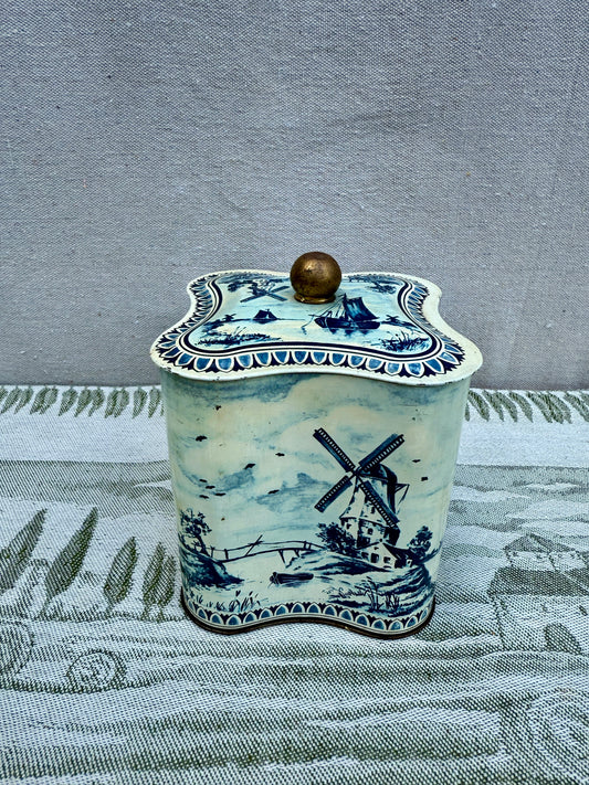 Vintage Dutch blue and white tin canister with lid