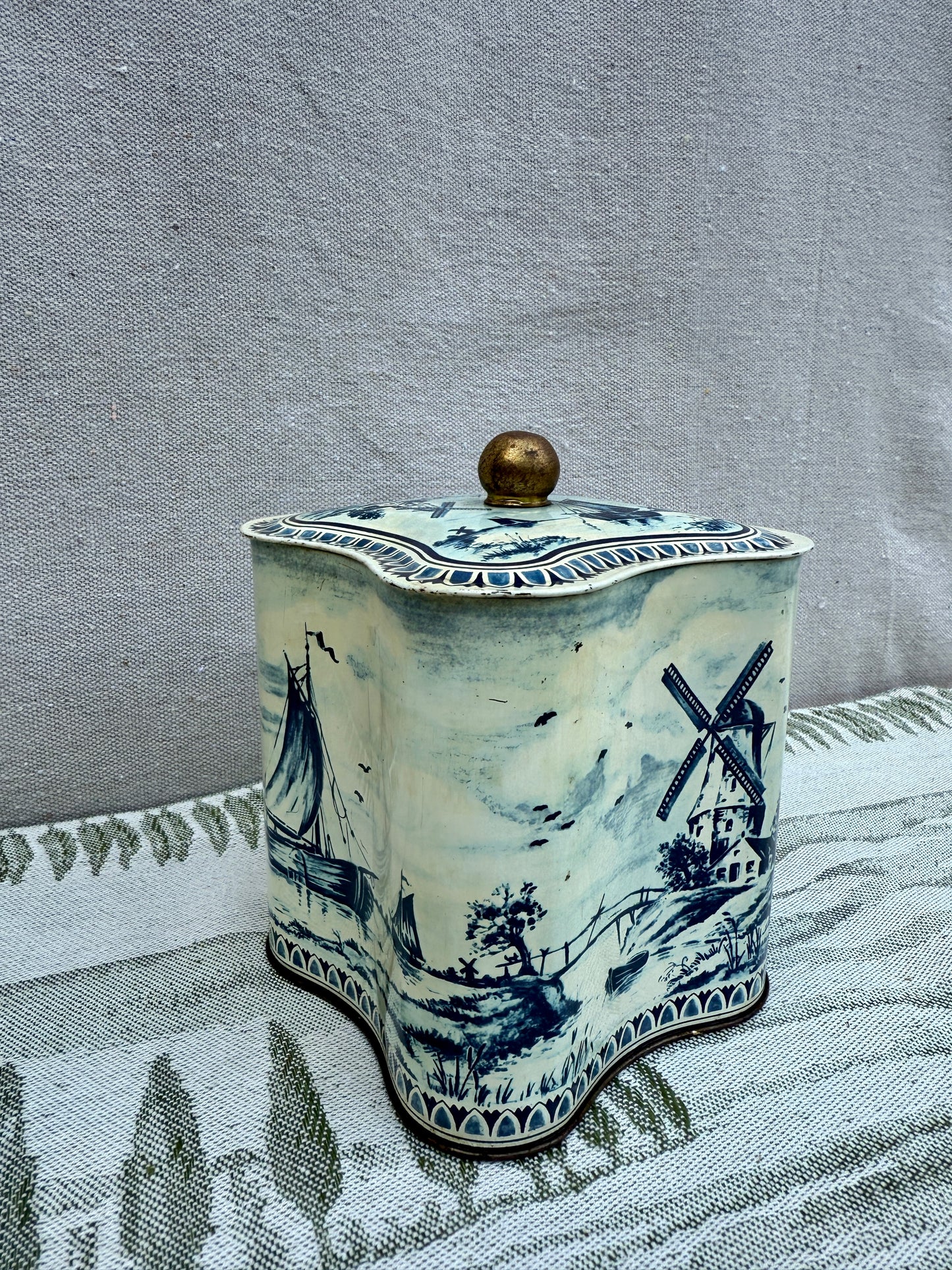 Vintage Dutch Blue and White Tin Canister with Lid
