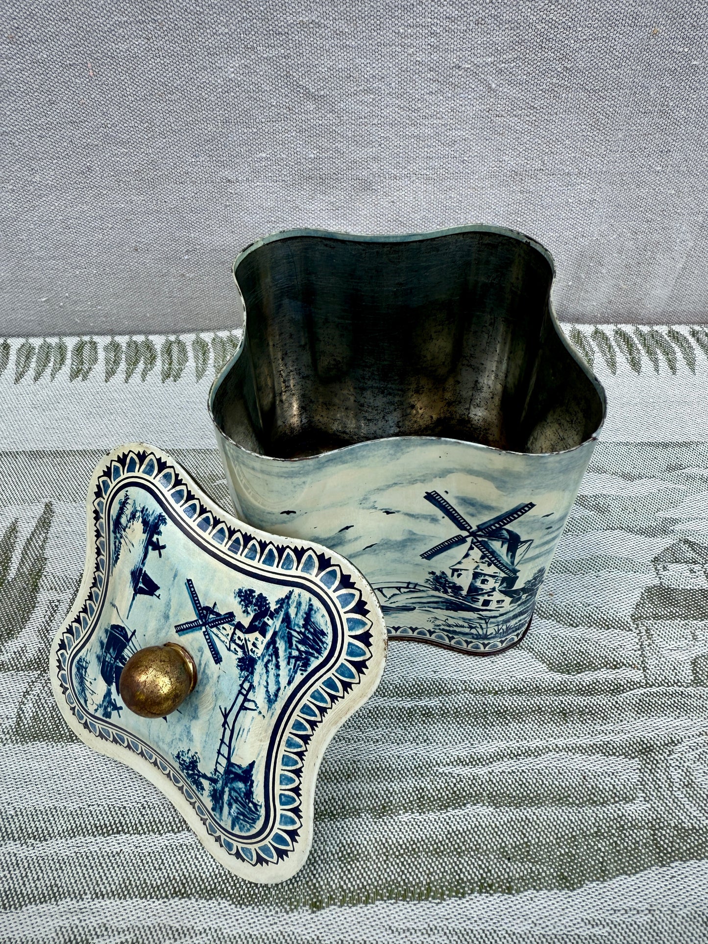Vintage Dutch Blue and White Tin Canister with Lid