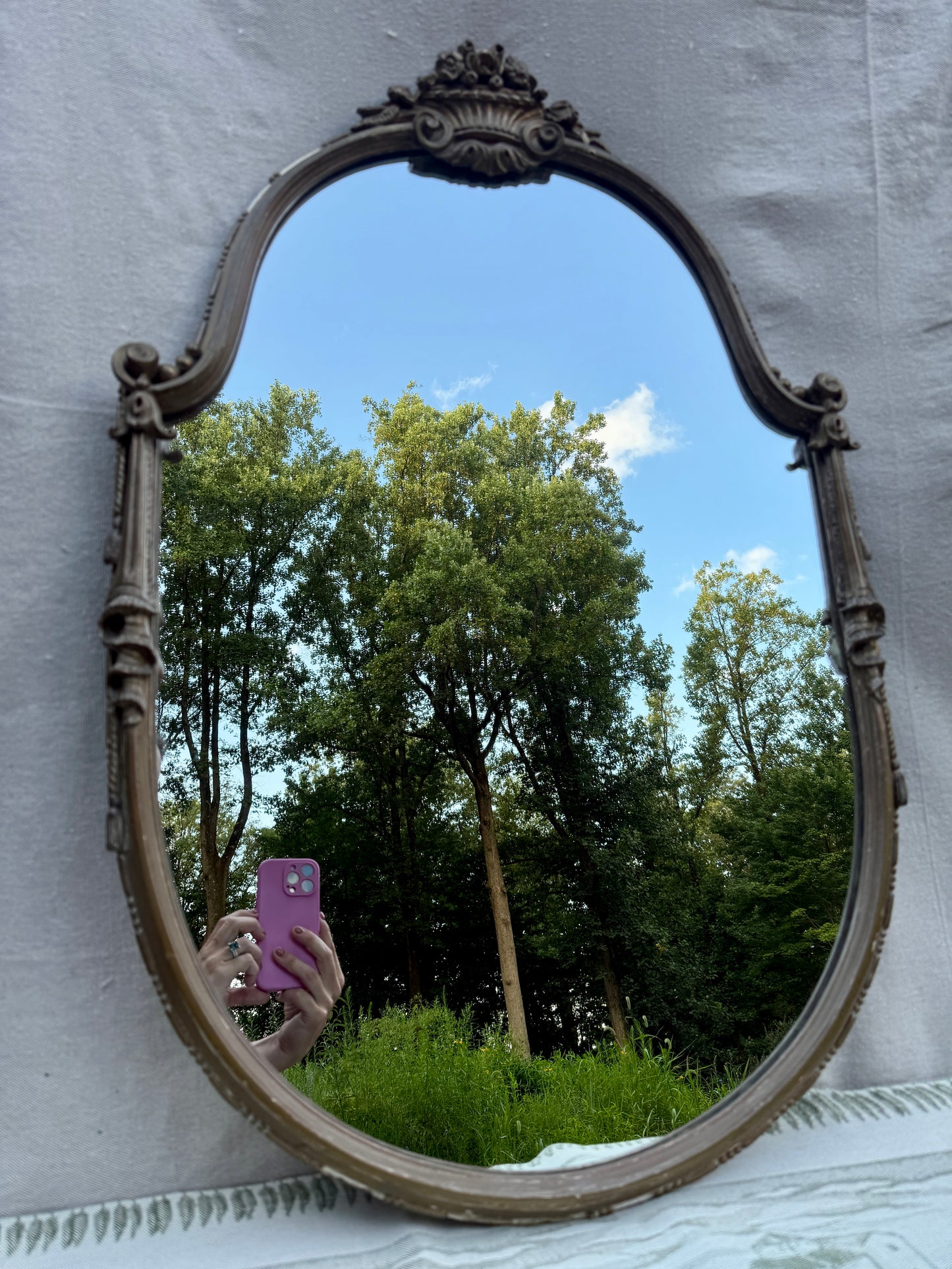Antique French Louis XV Style Ornate Oval Mirror with Carved Floral Crest