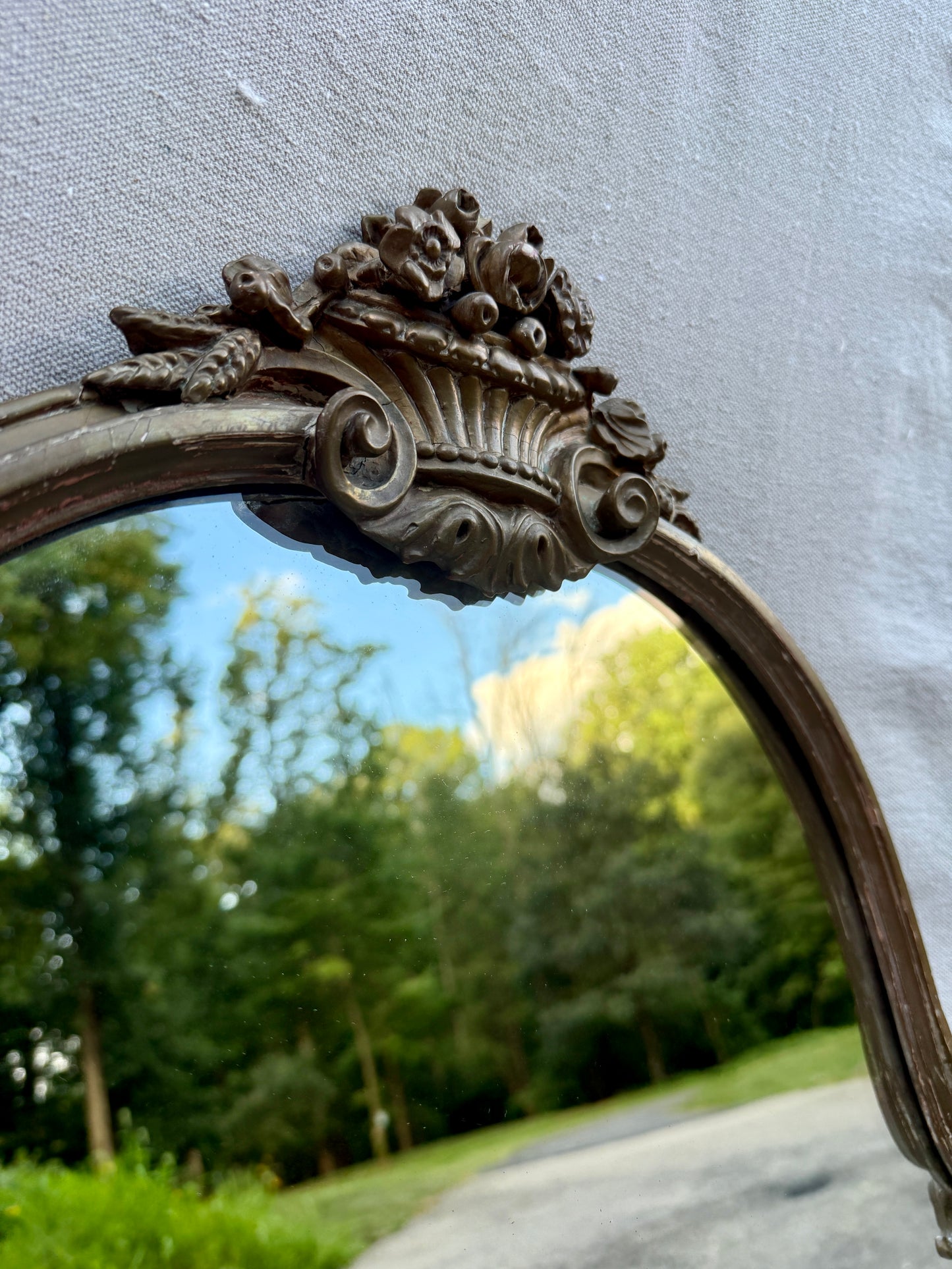 Antique French Louis XV Style Ornate Oval Mirror with Carved Floral Crest
