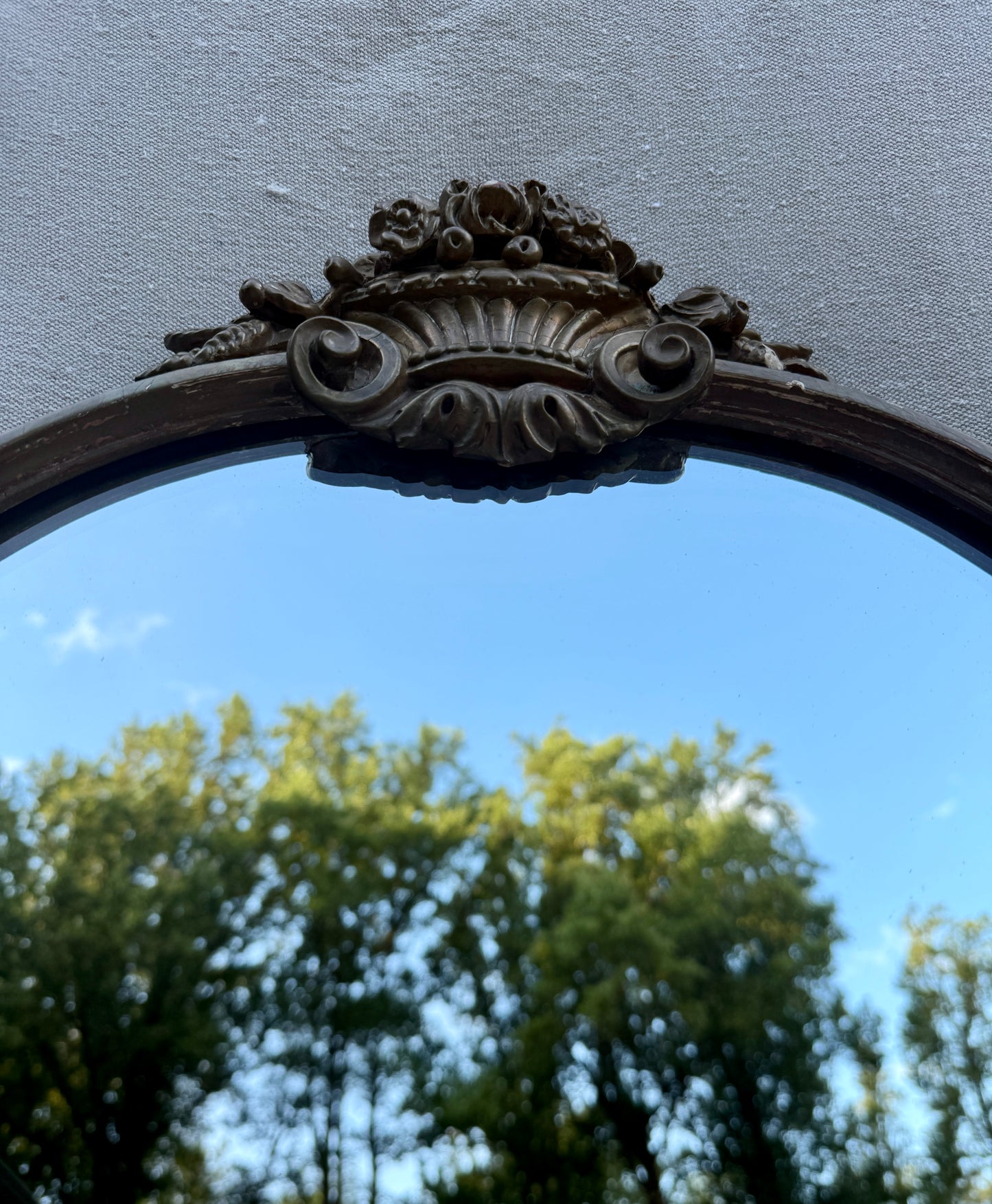 Antique French Louis XV Style Ornate Oval Mirror with Carved Floral Crest