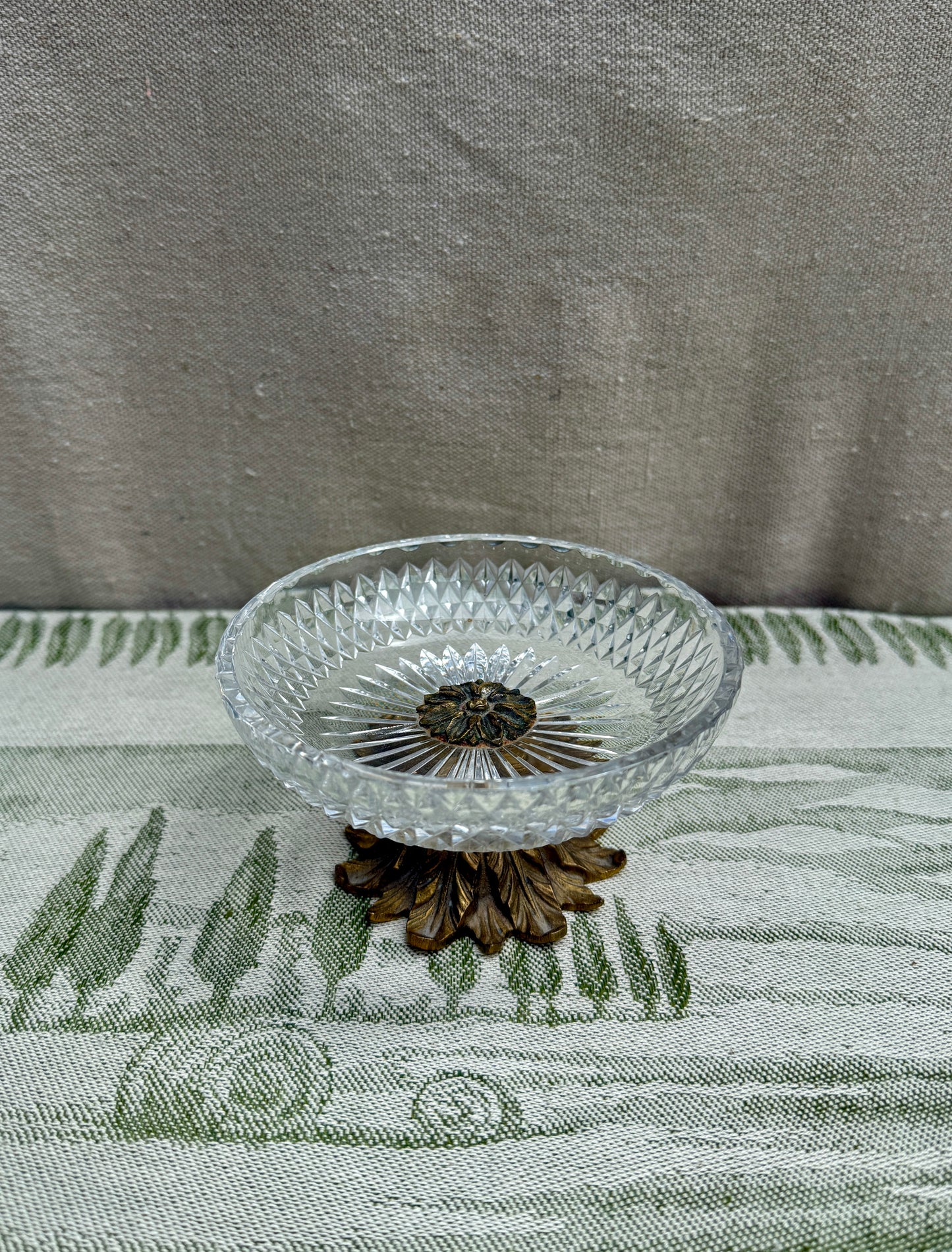 Vintage Cut Crystal Trinket Dish with Ornate Brass Pedestal Base