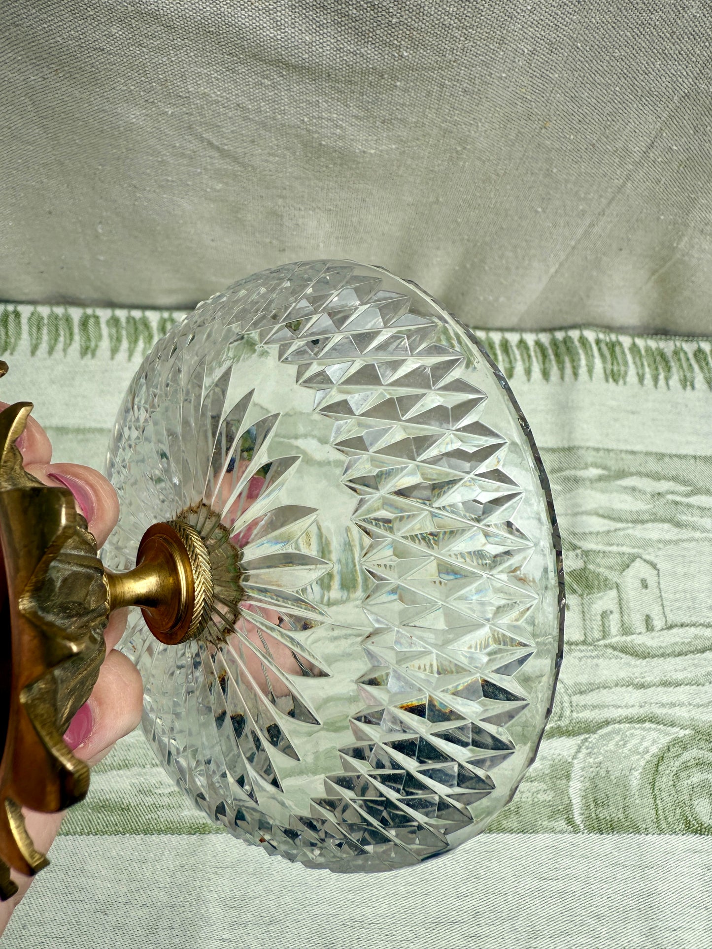 Vintage Cut Crystal Trinket Dish with Ornate Brass Pedestal Base