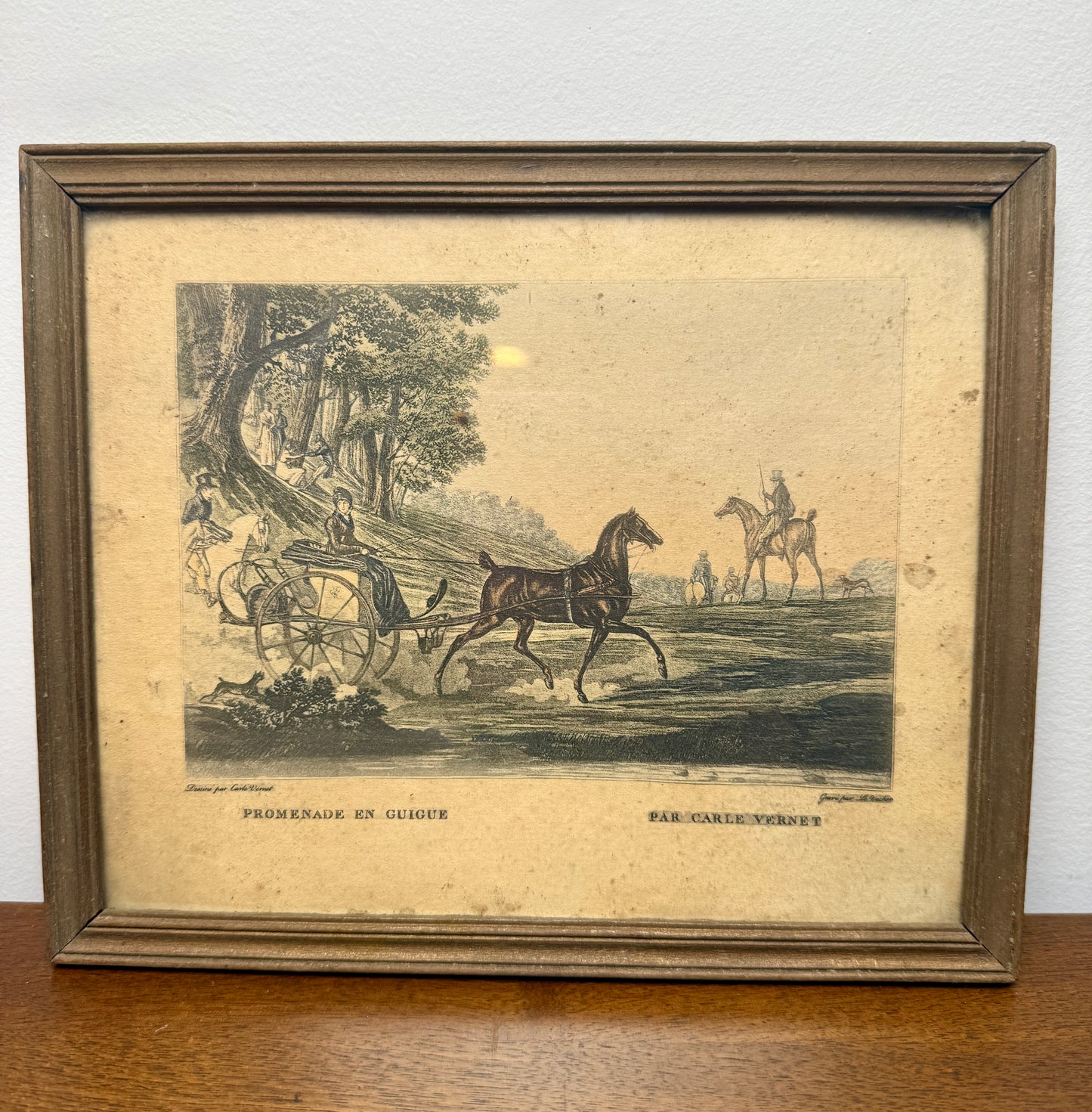 Antique French colored engraving "Promenade en Guigue" by Carle Vernet