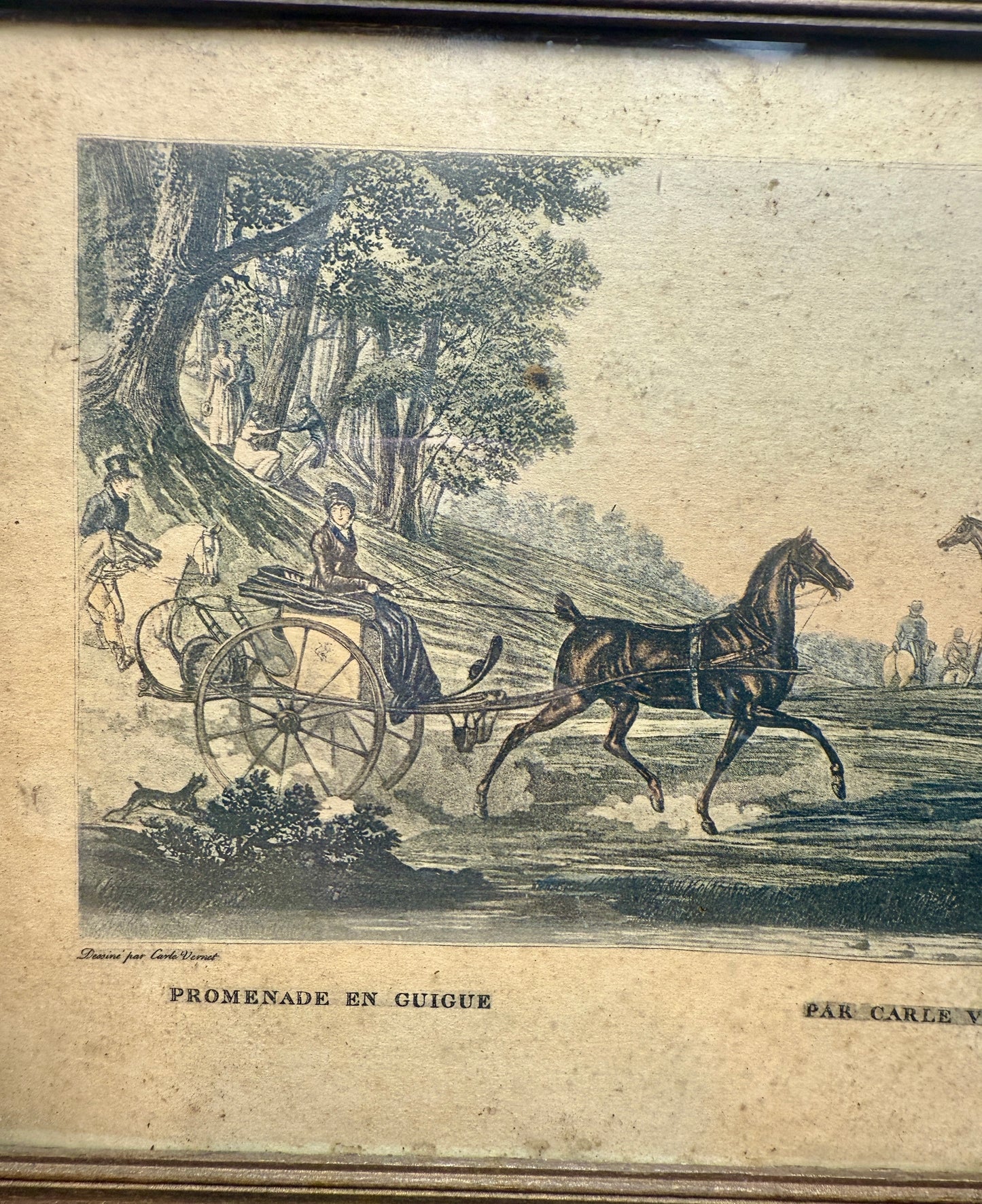 Antique French colored engraving "Promenade en Guigue" by Carle Vernet