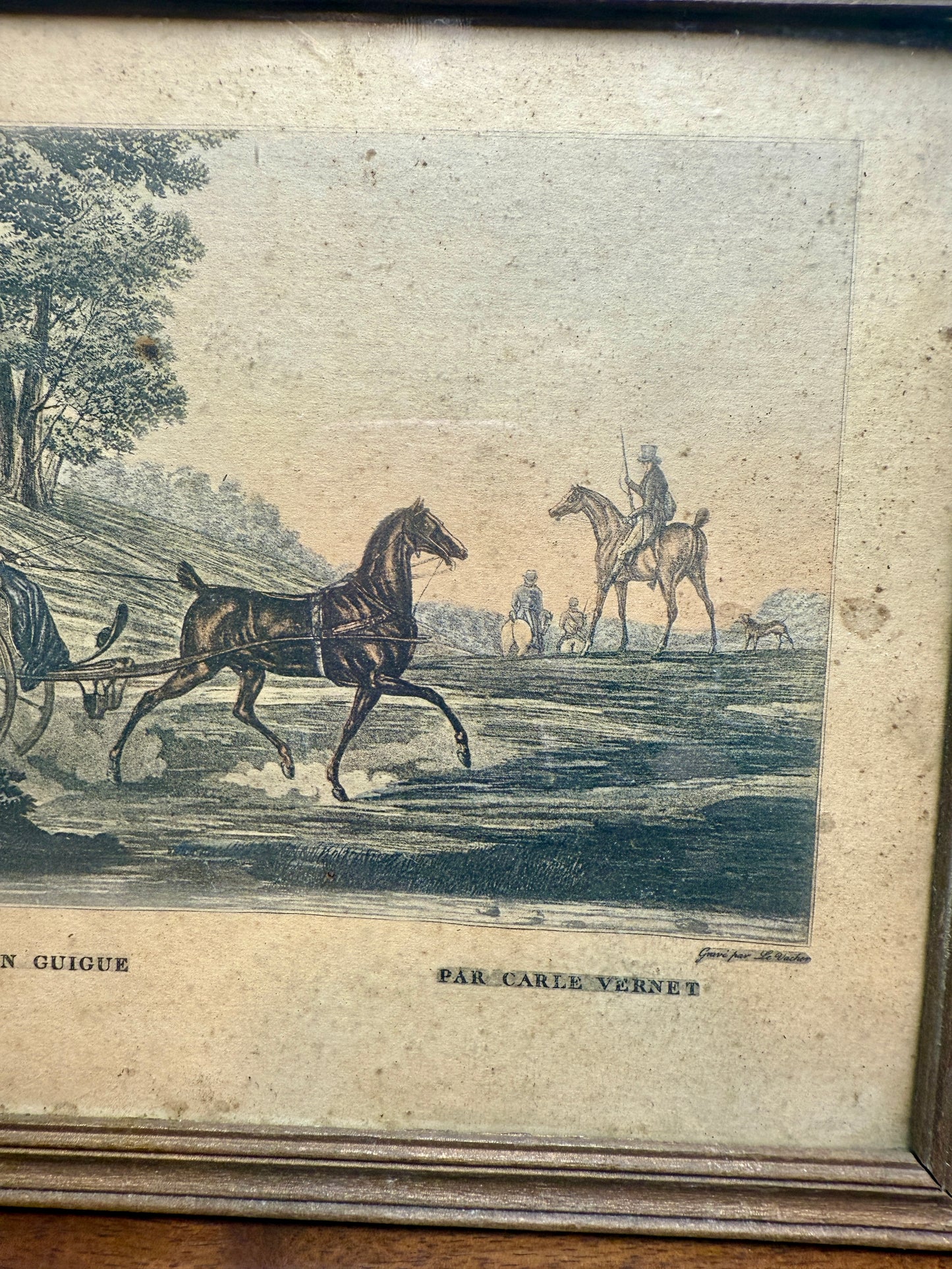 Antique French colored engraving "Promenade en Guigue" by Carle Vernet