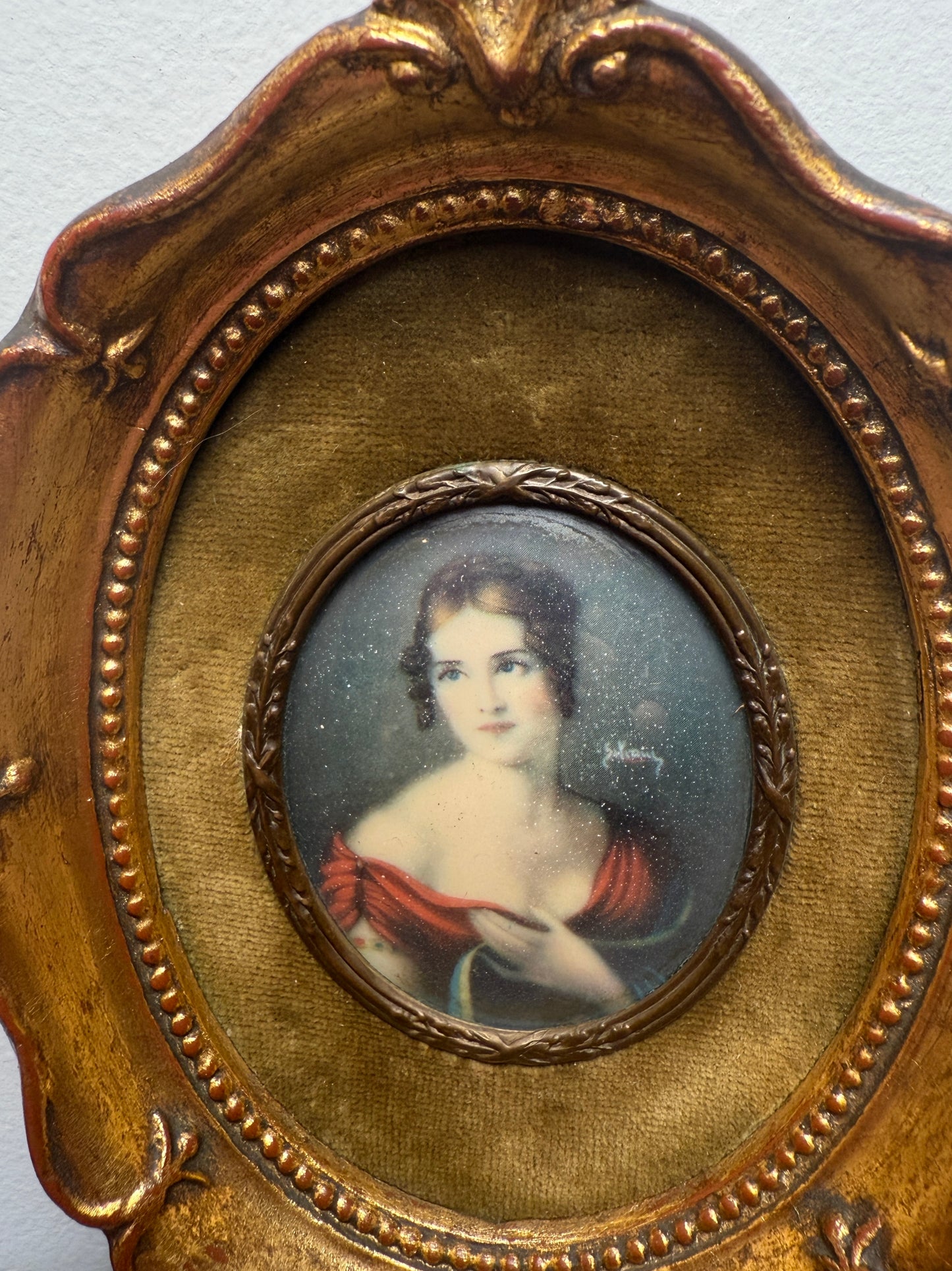 Antique miniature portrait of lady with olive velvet matting