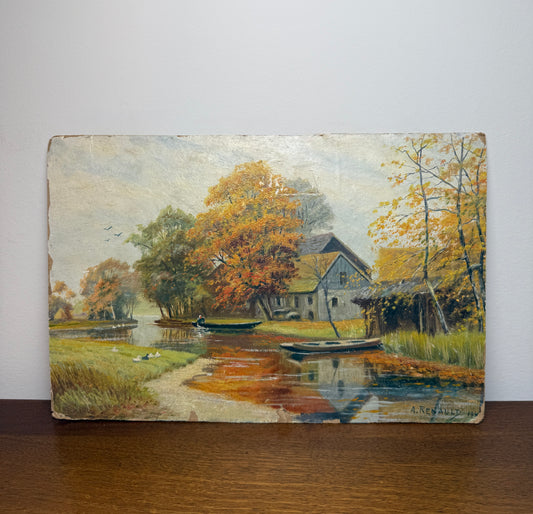 Autumn river landscape with boats and farmhouse, signed A. Renauld 194*