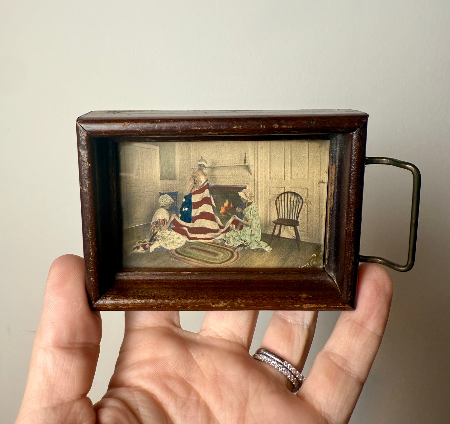 Antique miniature tray with Betsy Ross sewing American flag