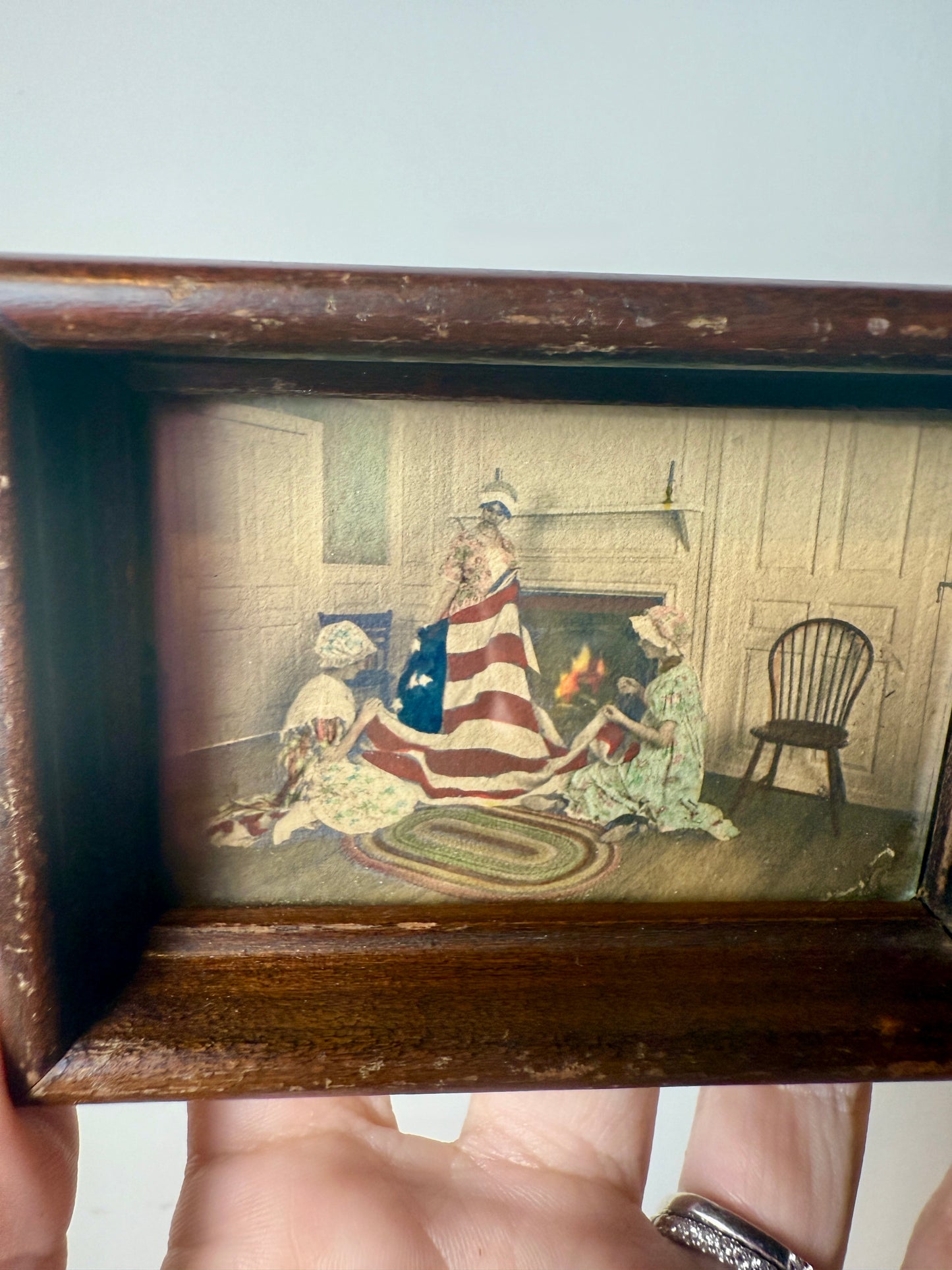 Antique miniature tray with Betsy Ross sewing American flag