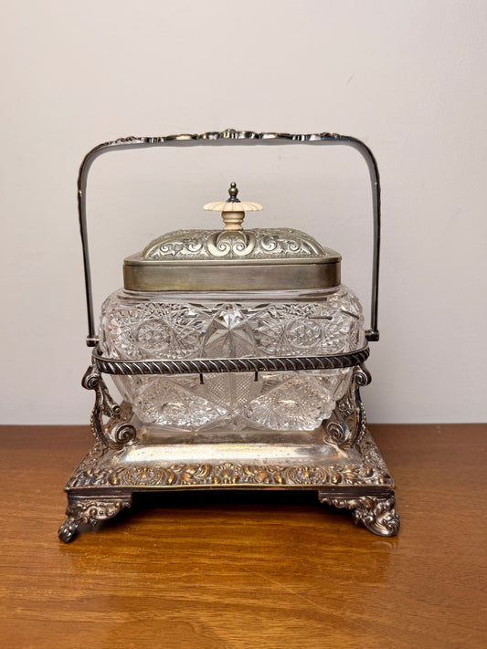 Antique Victorian Walker & Hall crystal and silver plate biscuit jar