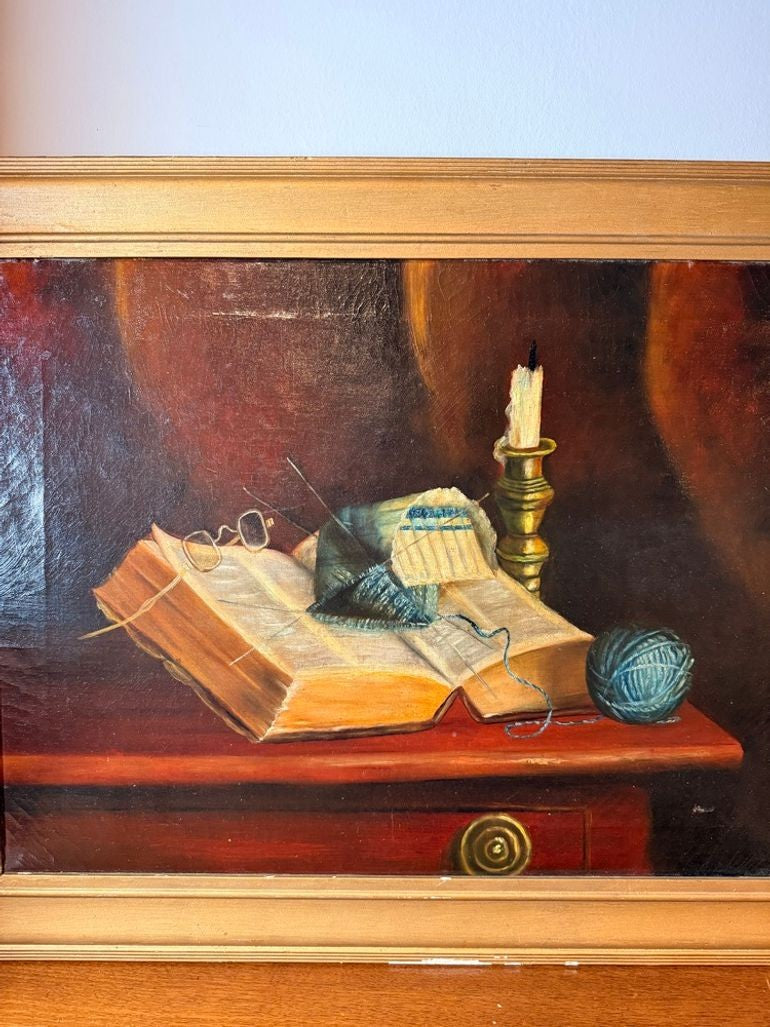 Antique still life with book and yarn
