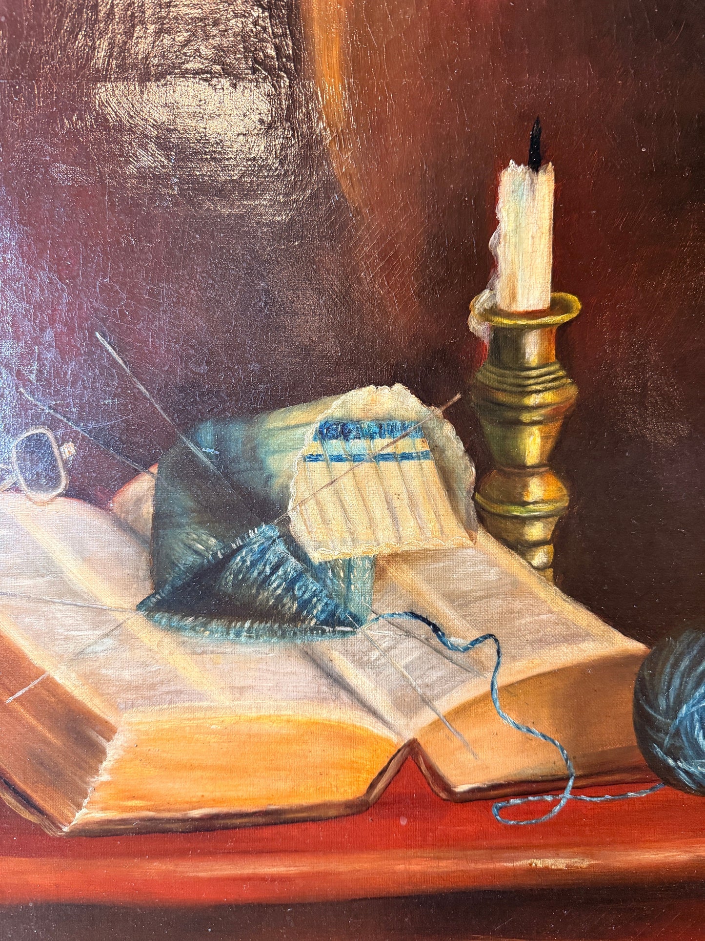 Antique still life with book and yarn