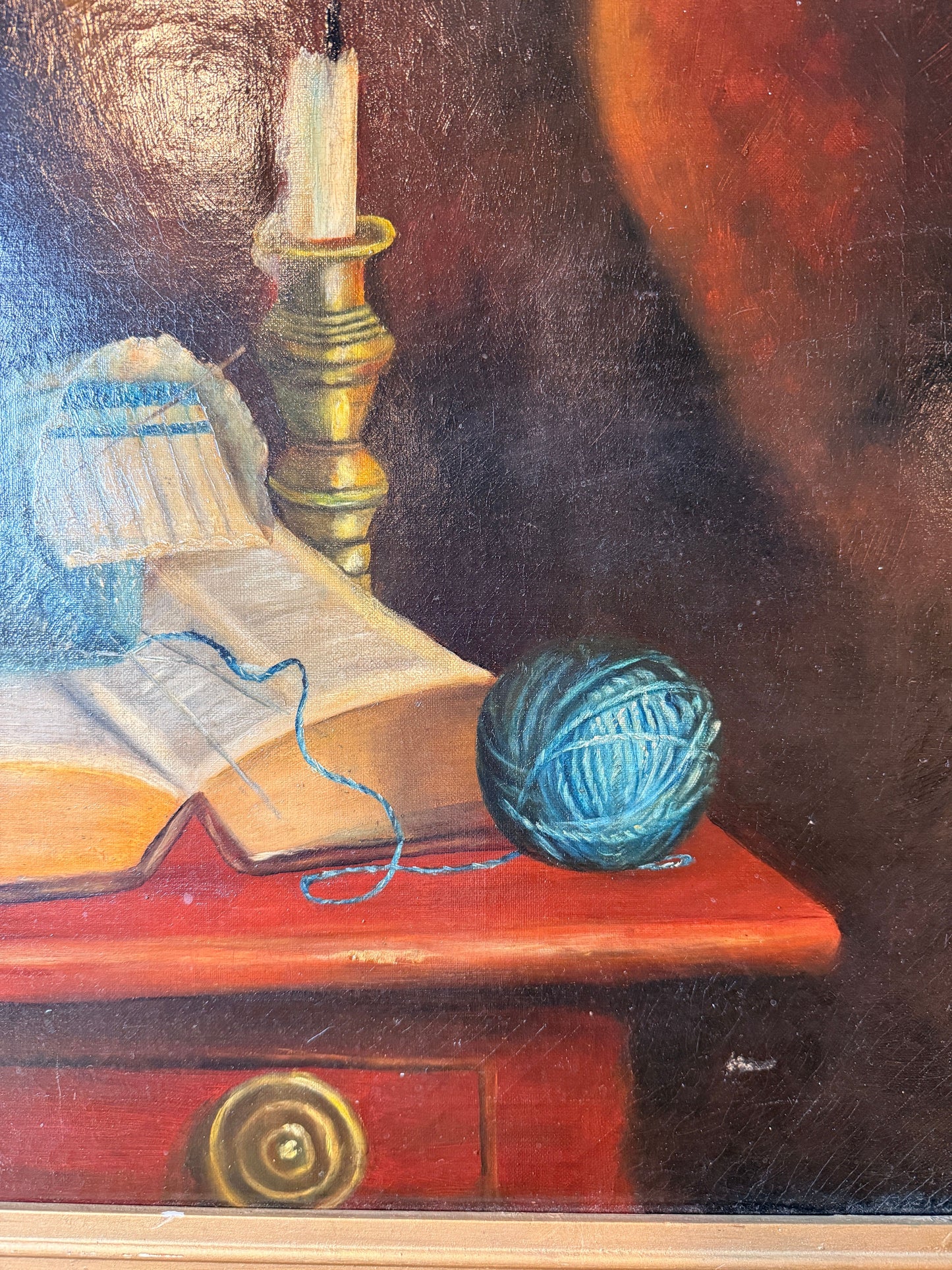 Antique still life with book and yarn