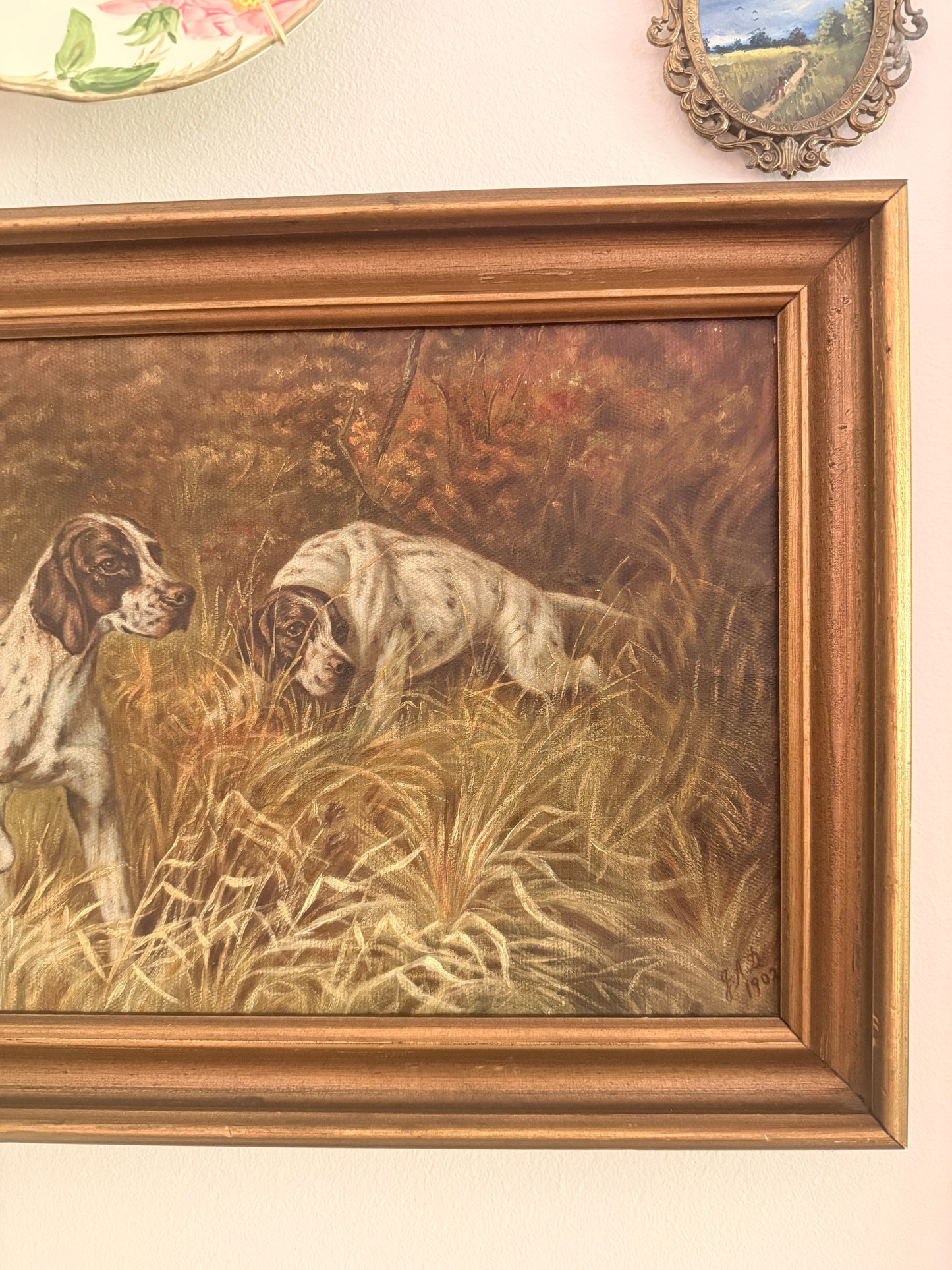 Antique English Pointer hunting dogs, oil on canvas