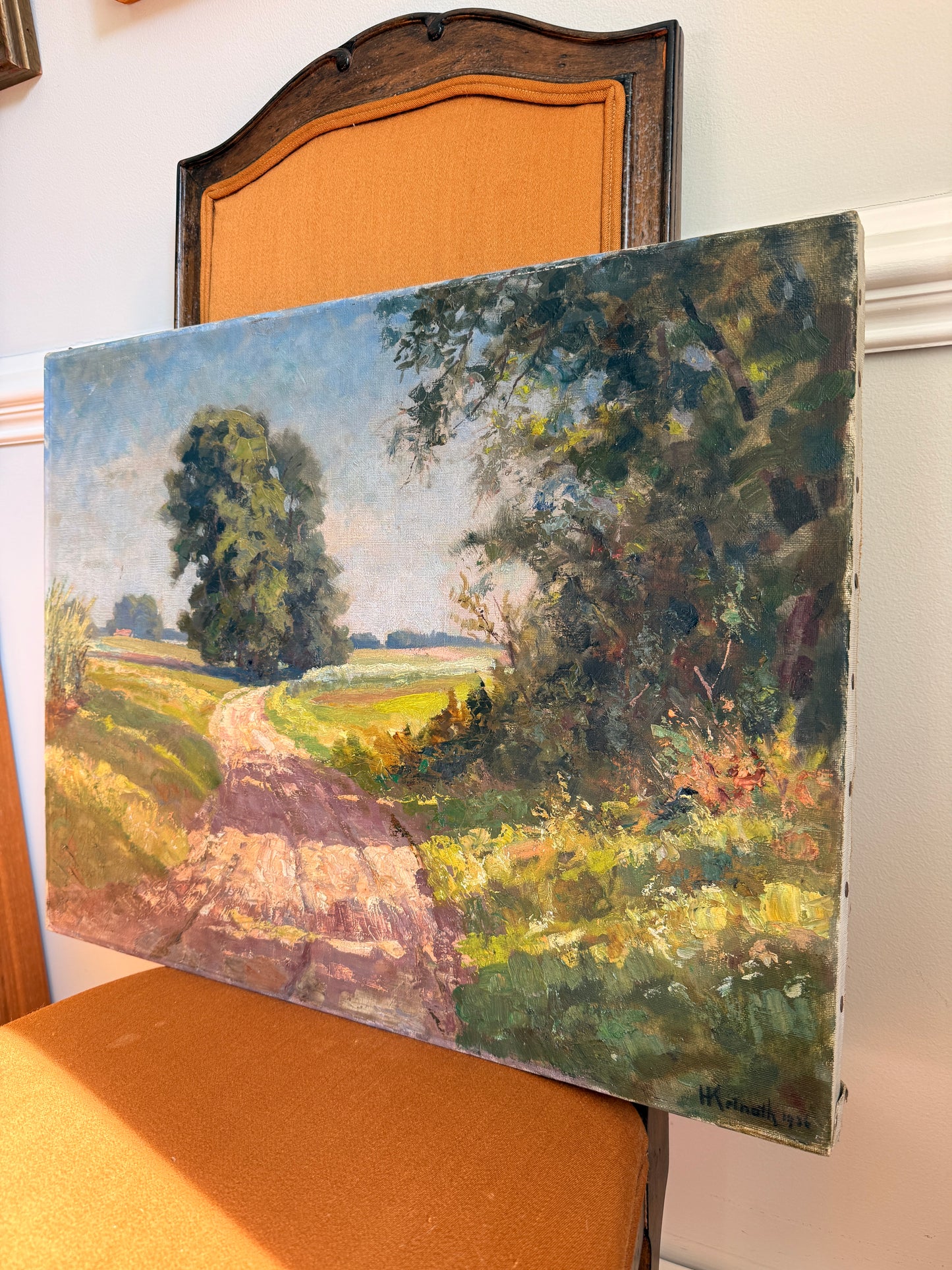 Impressionist country lane landscape, oil on canvas
