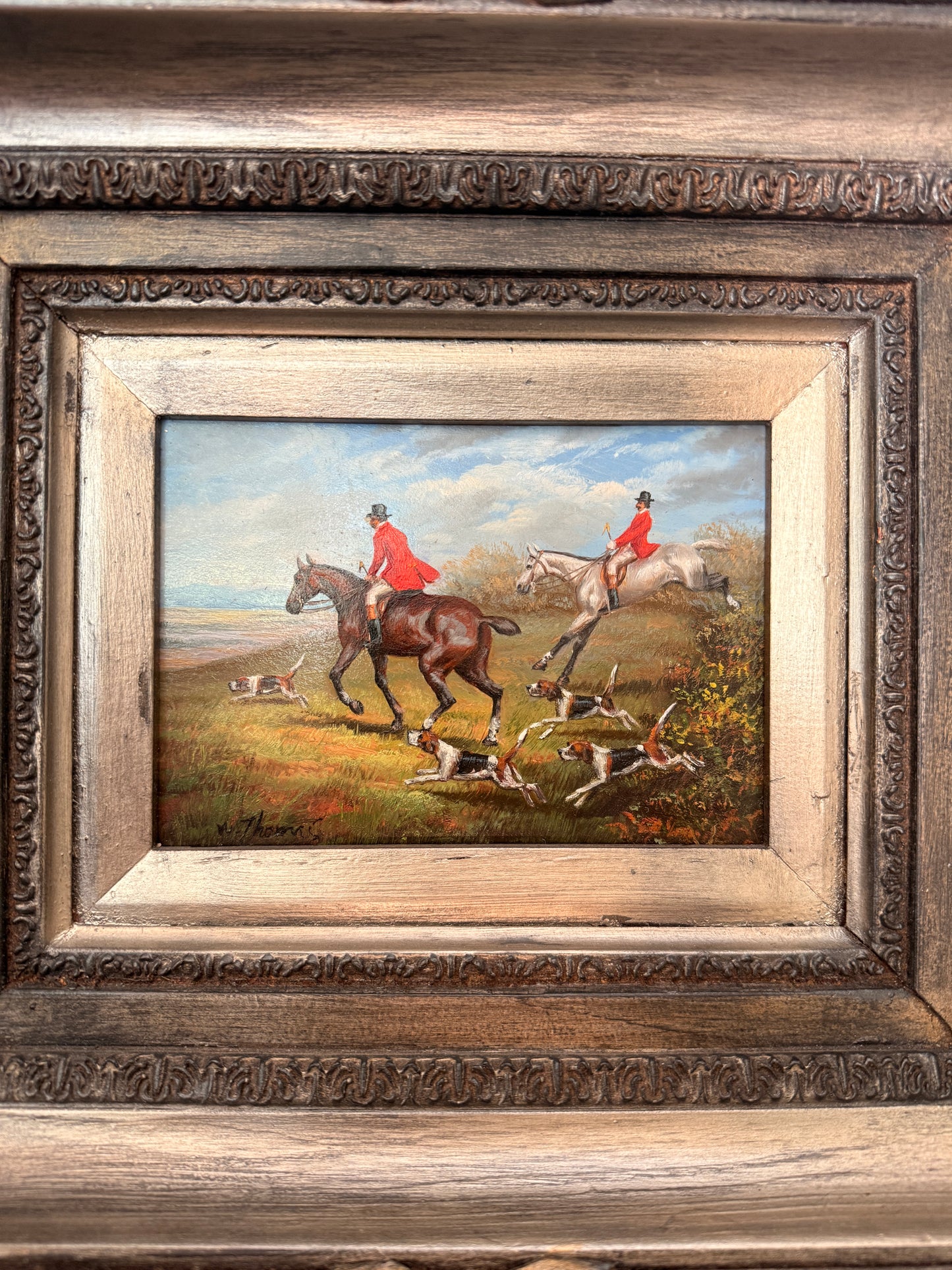 Vintage fox hunt oil on board, signed W. Thomas