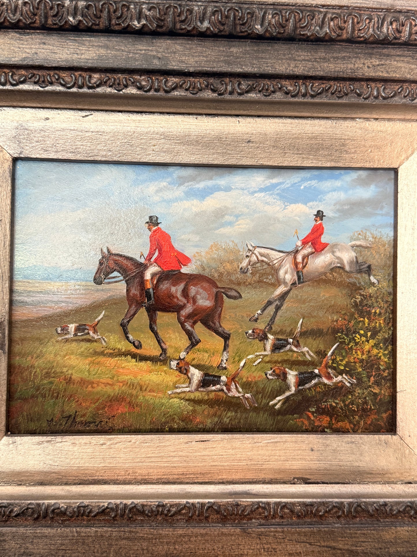 Vintage fox hunt oil on board, signed W. Thomas