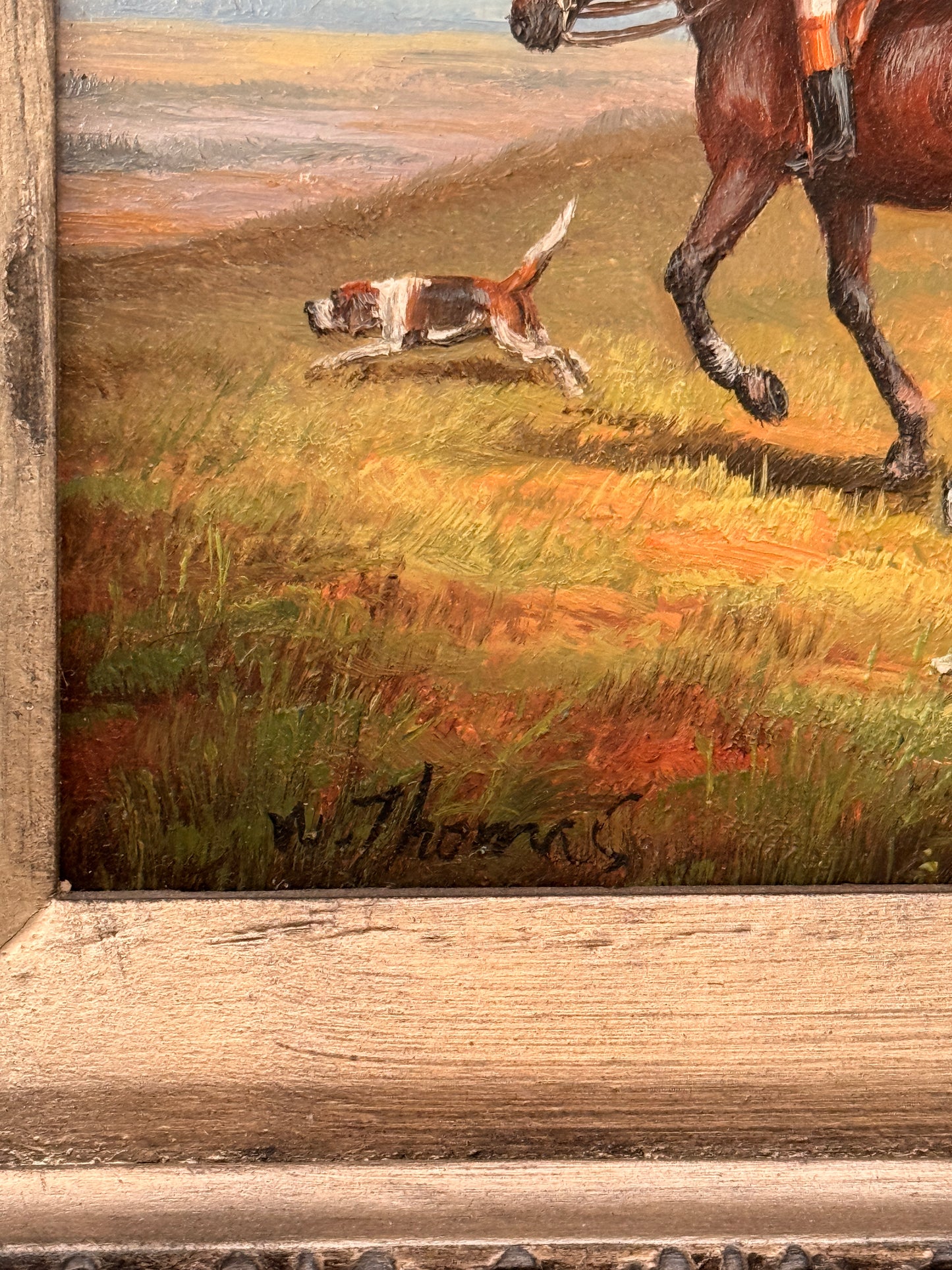 Vintage fox hunt oil on board, signed W. Thomas