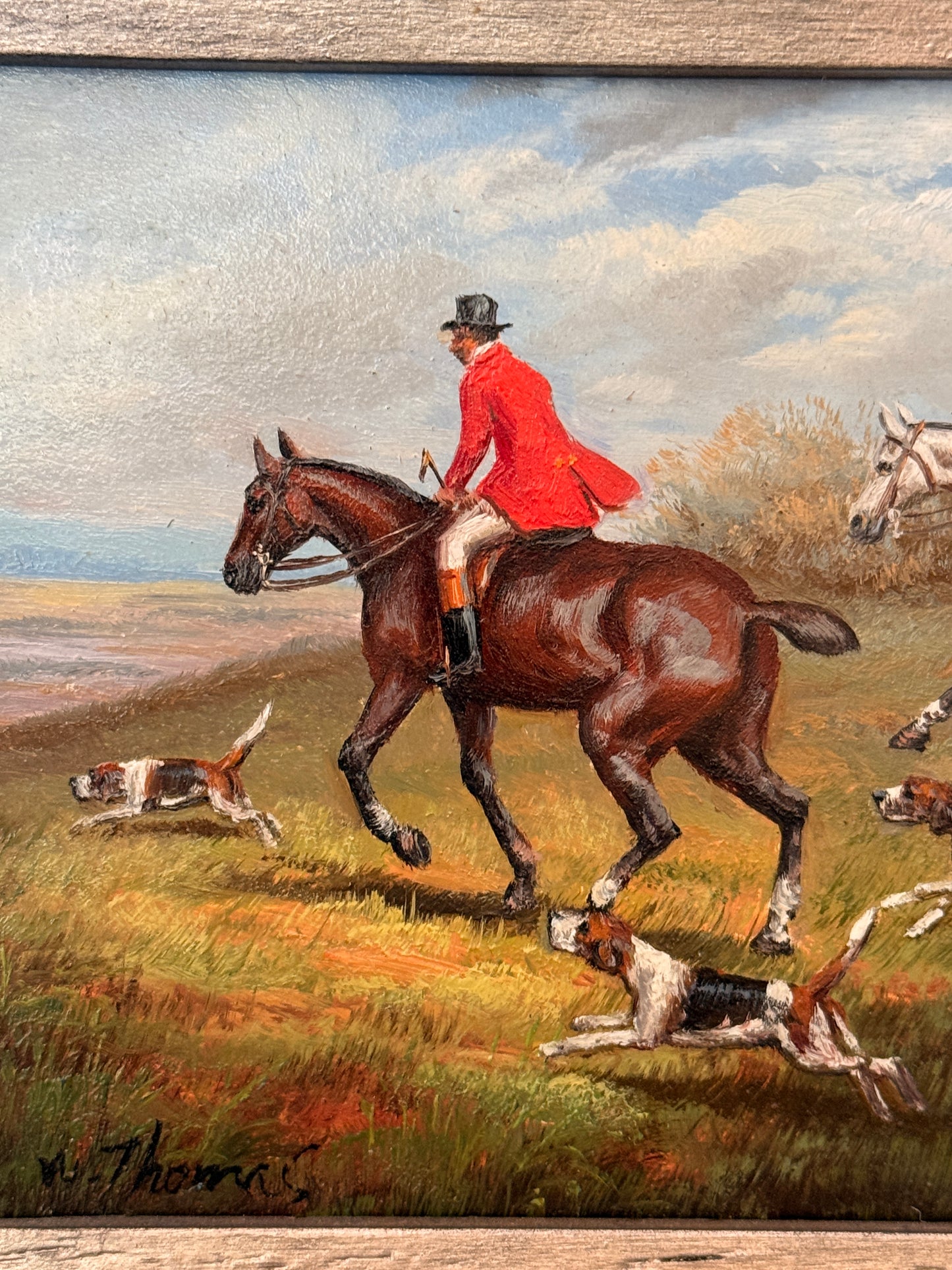 Vintage fox hunt oil on board, signed W. Thomas