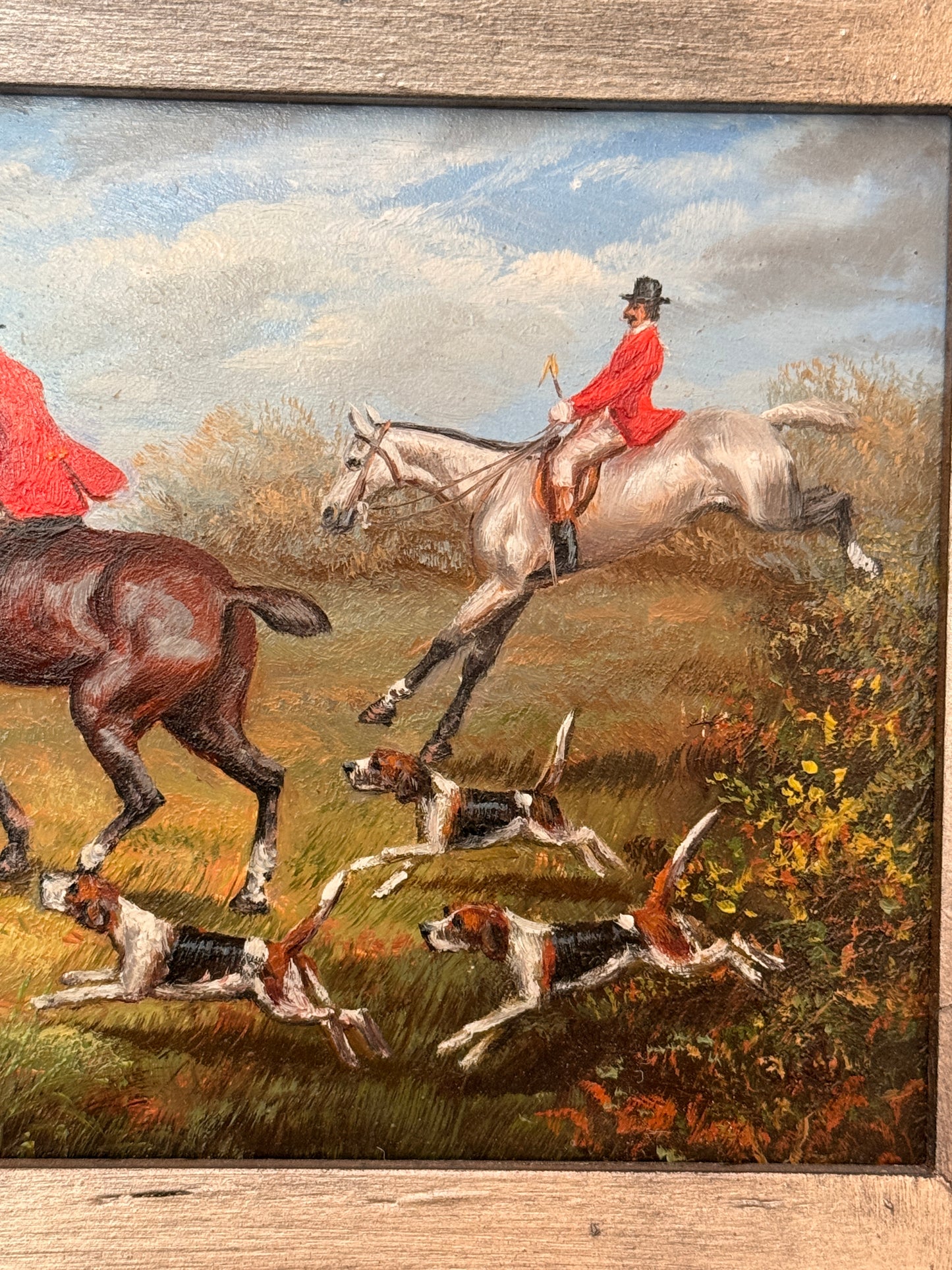 Vintage fox hunt oil on board, signed W. Thomas