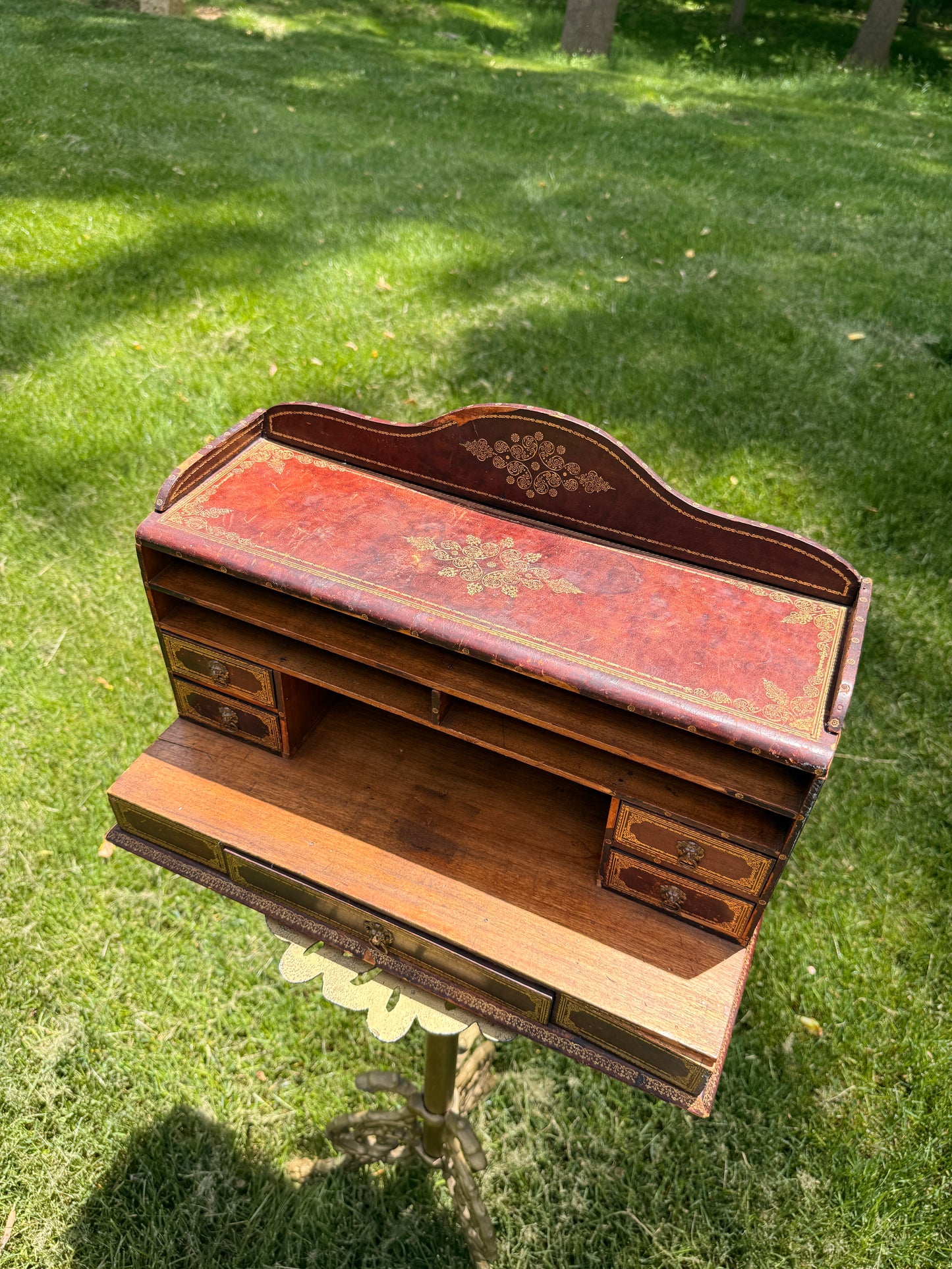 Antique gilt-tooled leather desktop organizer