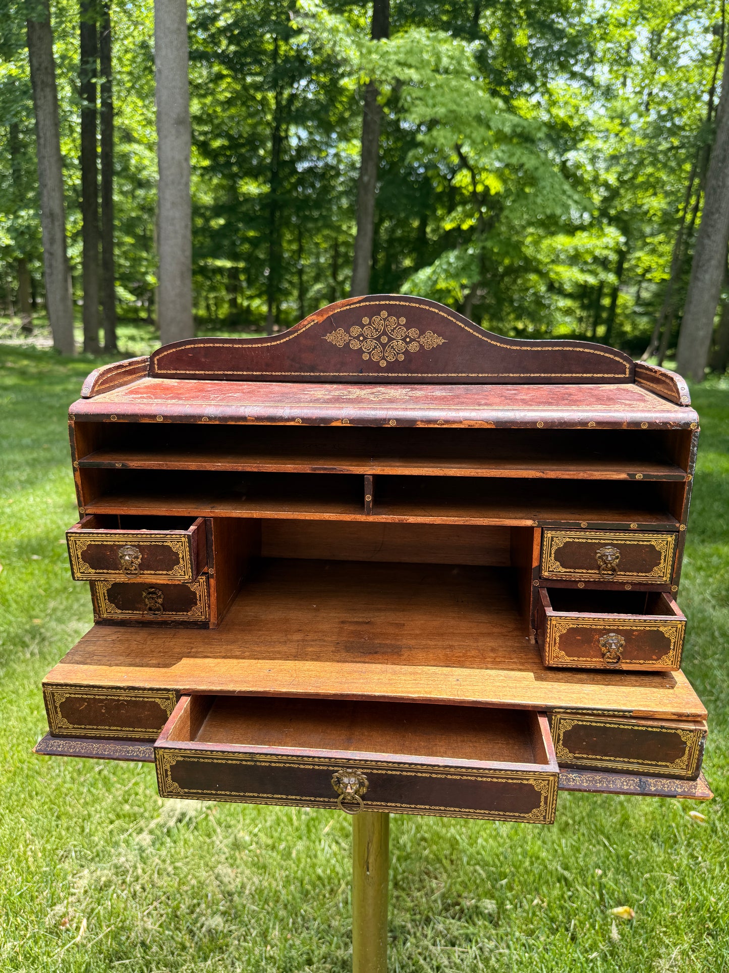 Antique gilt-tooled leather desktop organizer