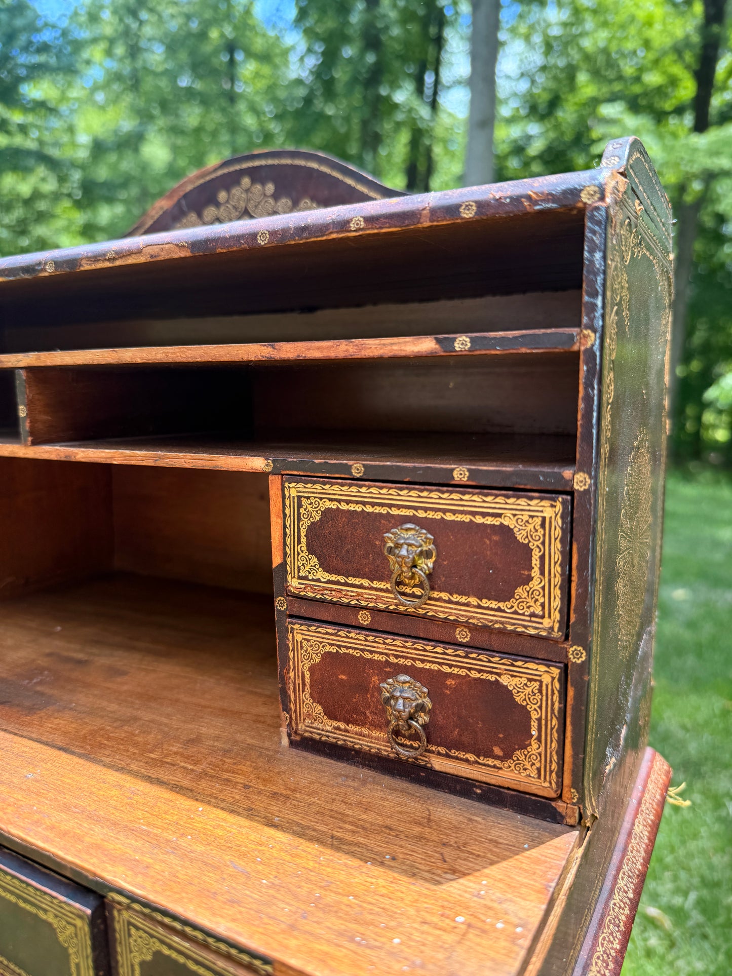 Antique gilt-tooled leather desktop organizer