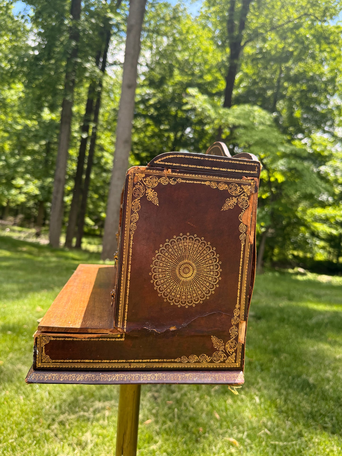 Antique gilt-tooled leather desktop organizer