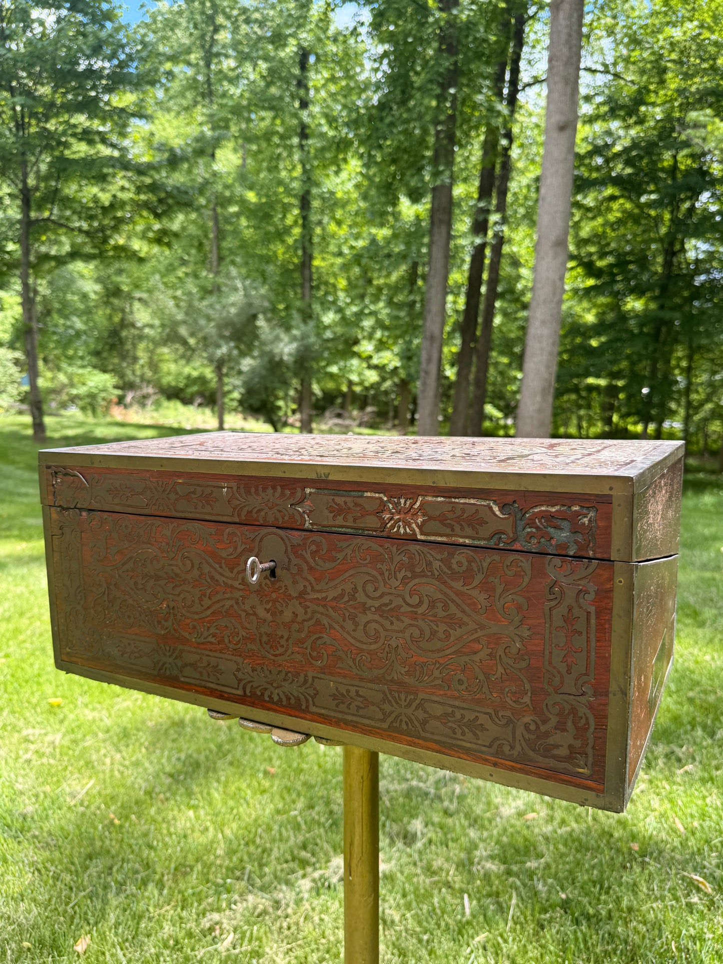 Antique English brass-inlaid rosewood writing slope/traveler's desk
