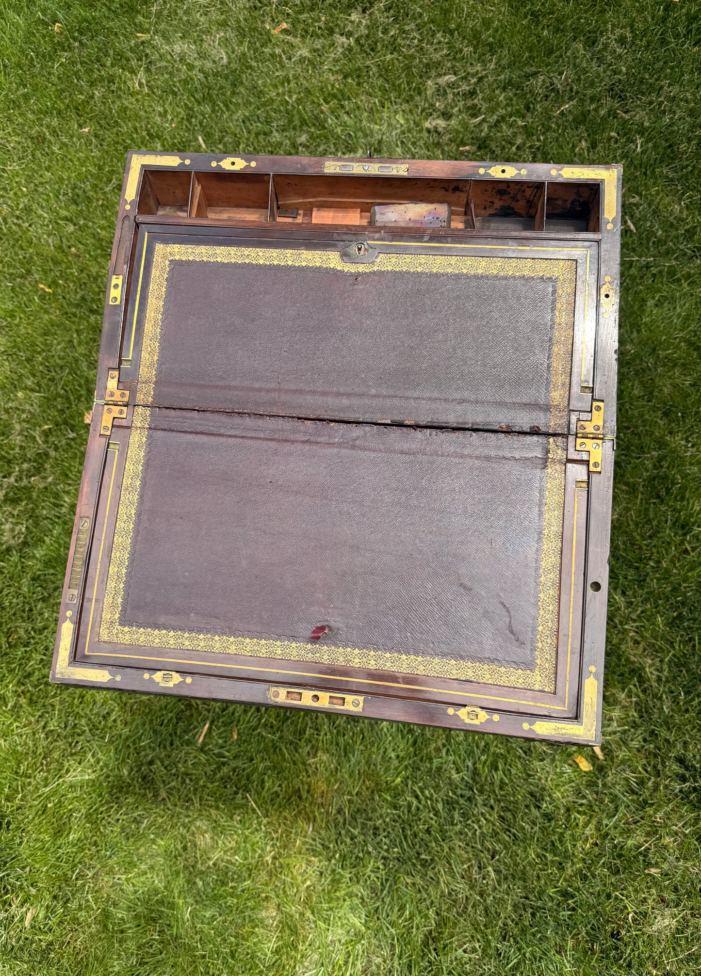 Antique English brass-inlaid rosewood writing slope/traveler's desk