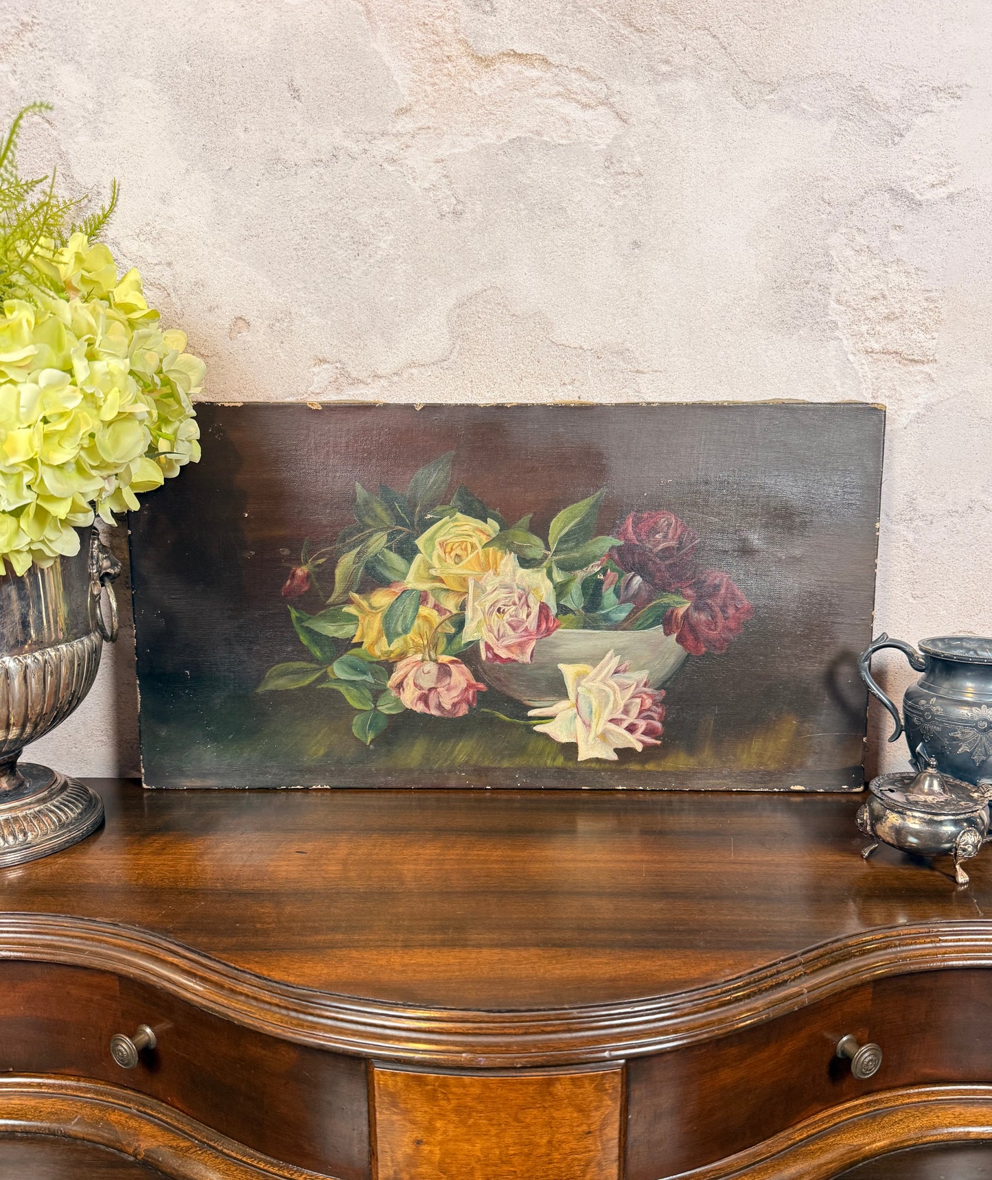 Antique roses in bowl, oil on canvas