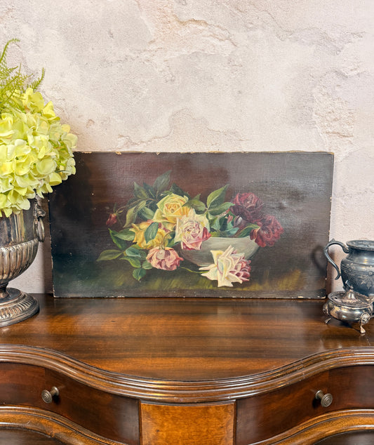 Antique roses in bowl, oil on canvas