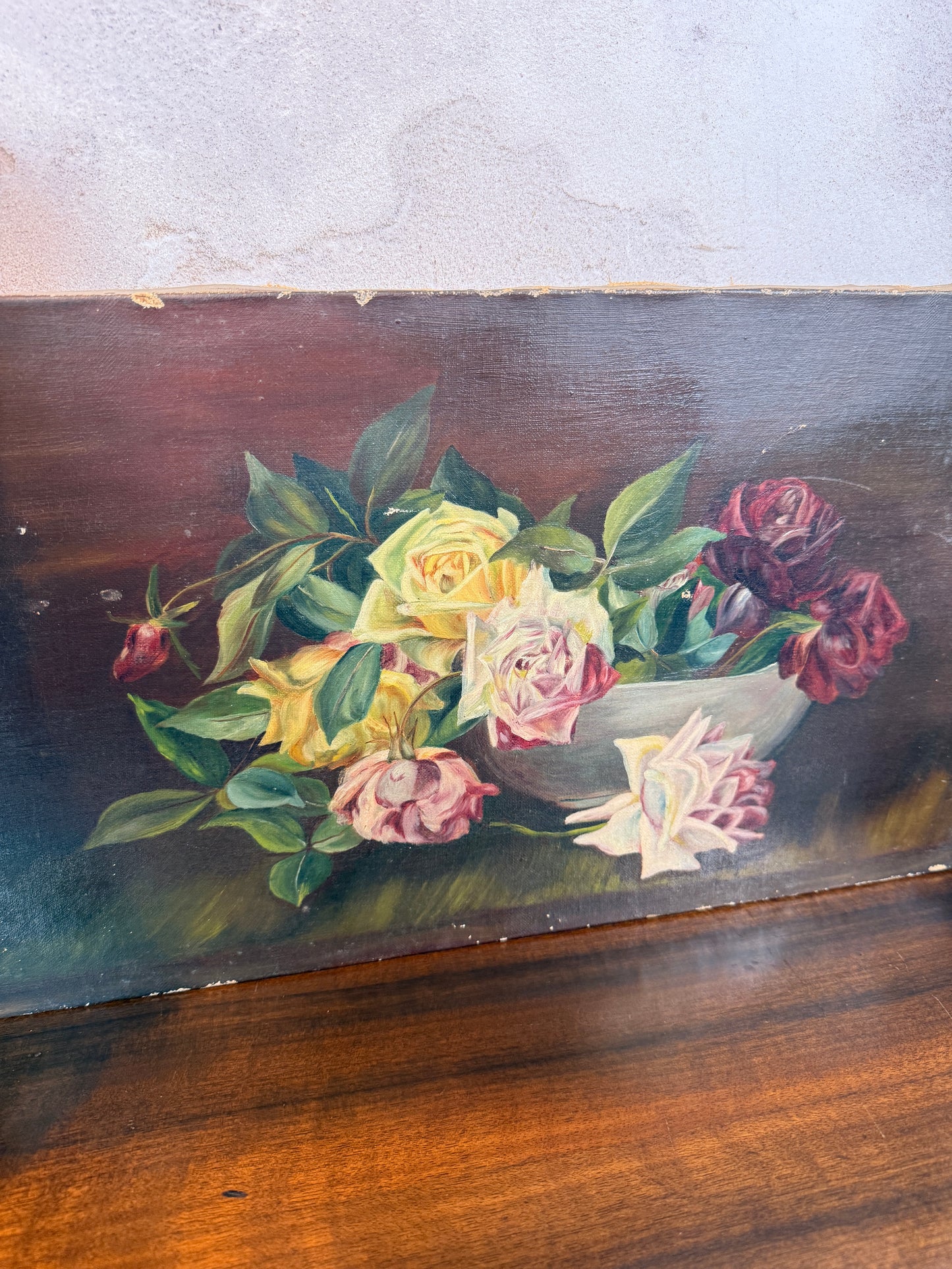 Antique roses in bowl, oil on canvas