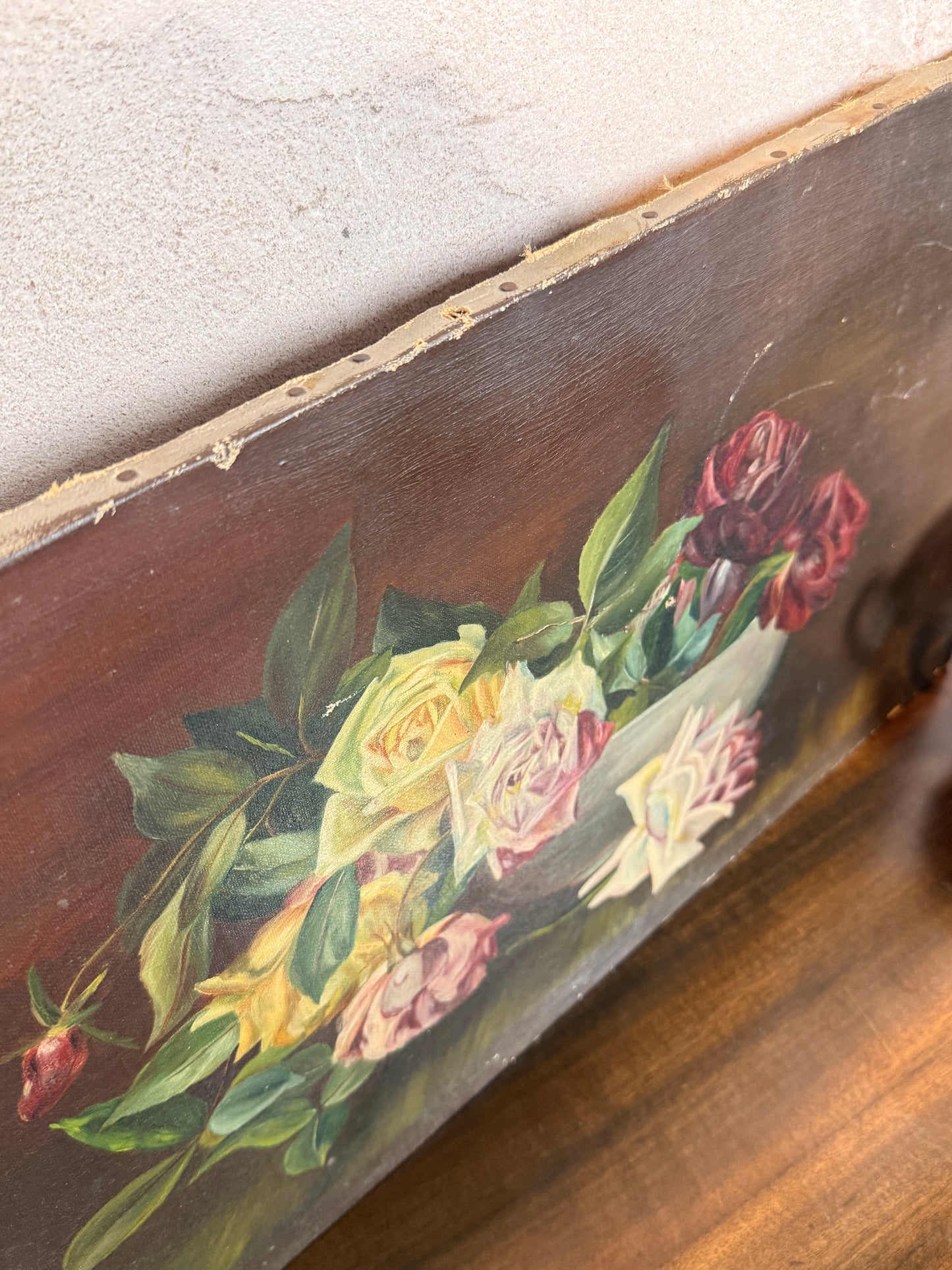 Antique roses in bowl, oil on canvas