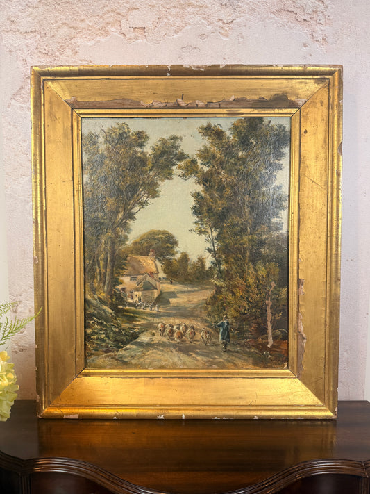 Antique shepherd and flock on country lane, oil on canvas