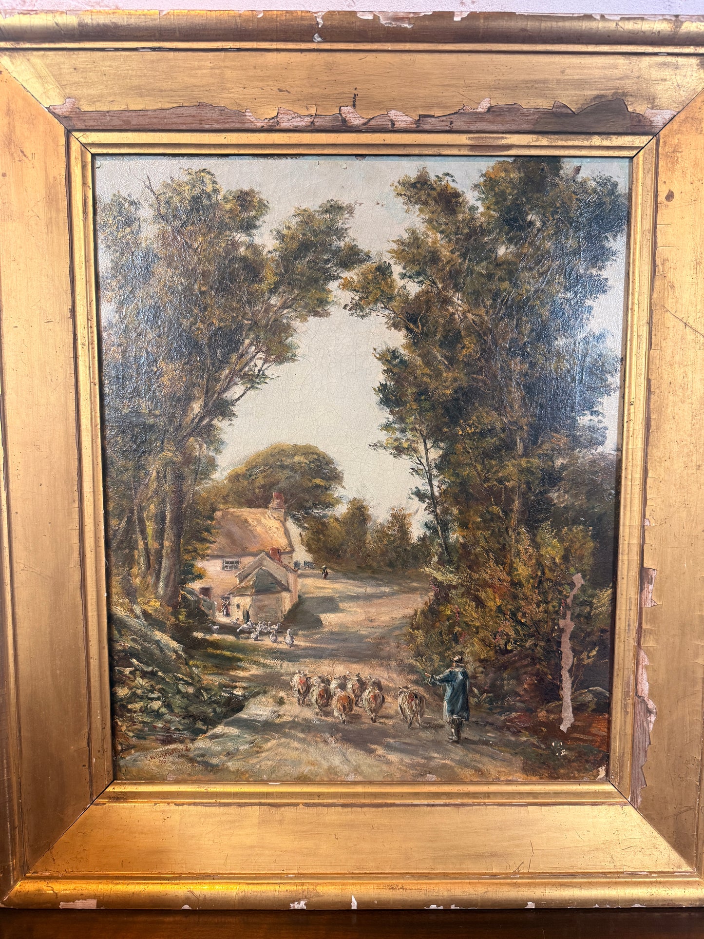 Antique shepherd and flock on country lane, oil on canvas