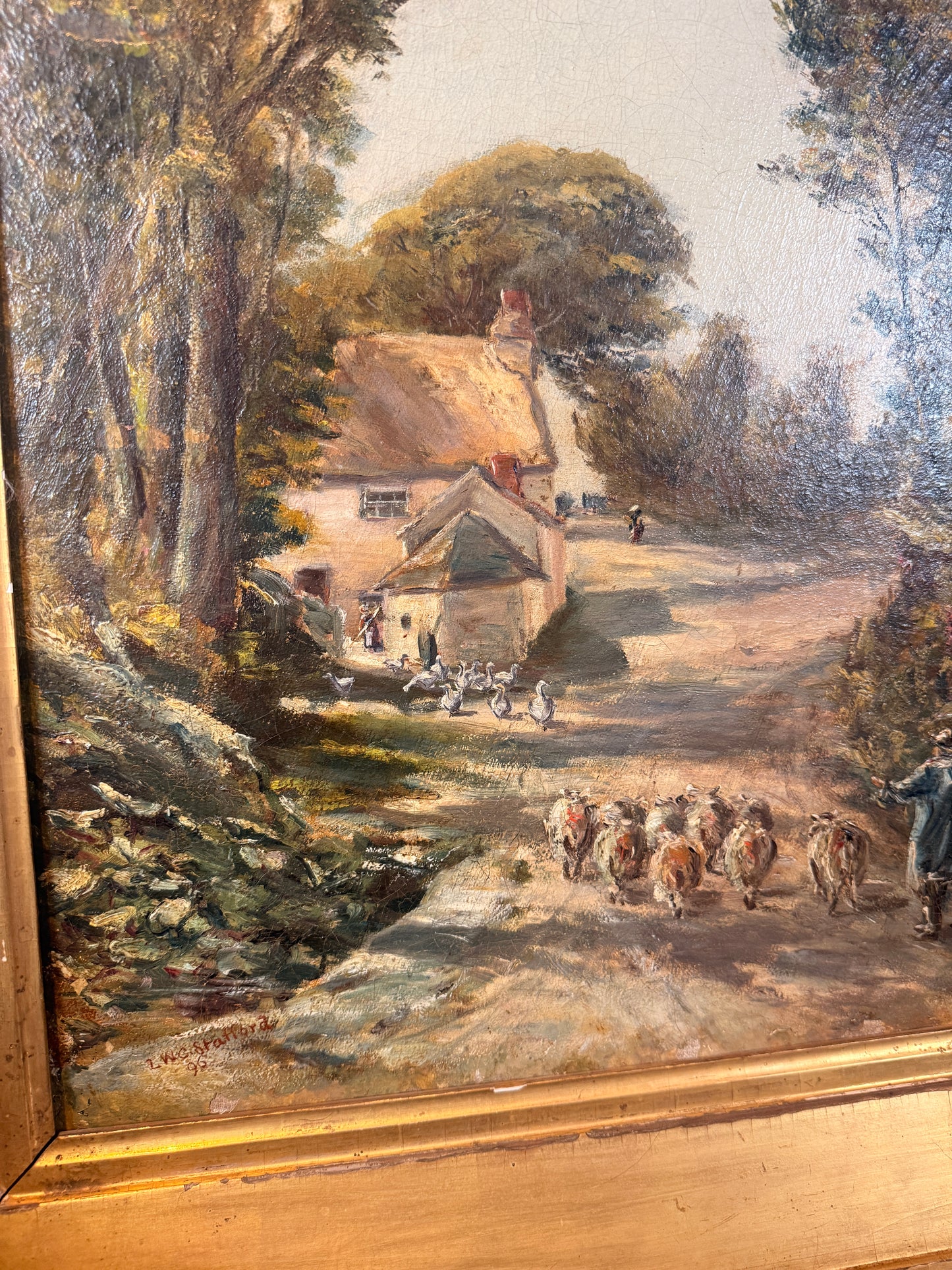 Antique shepherd and flock on country lane, oil on canvas