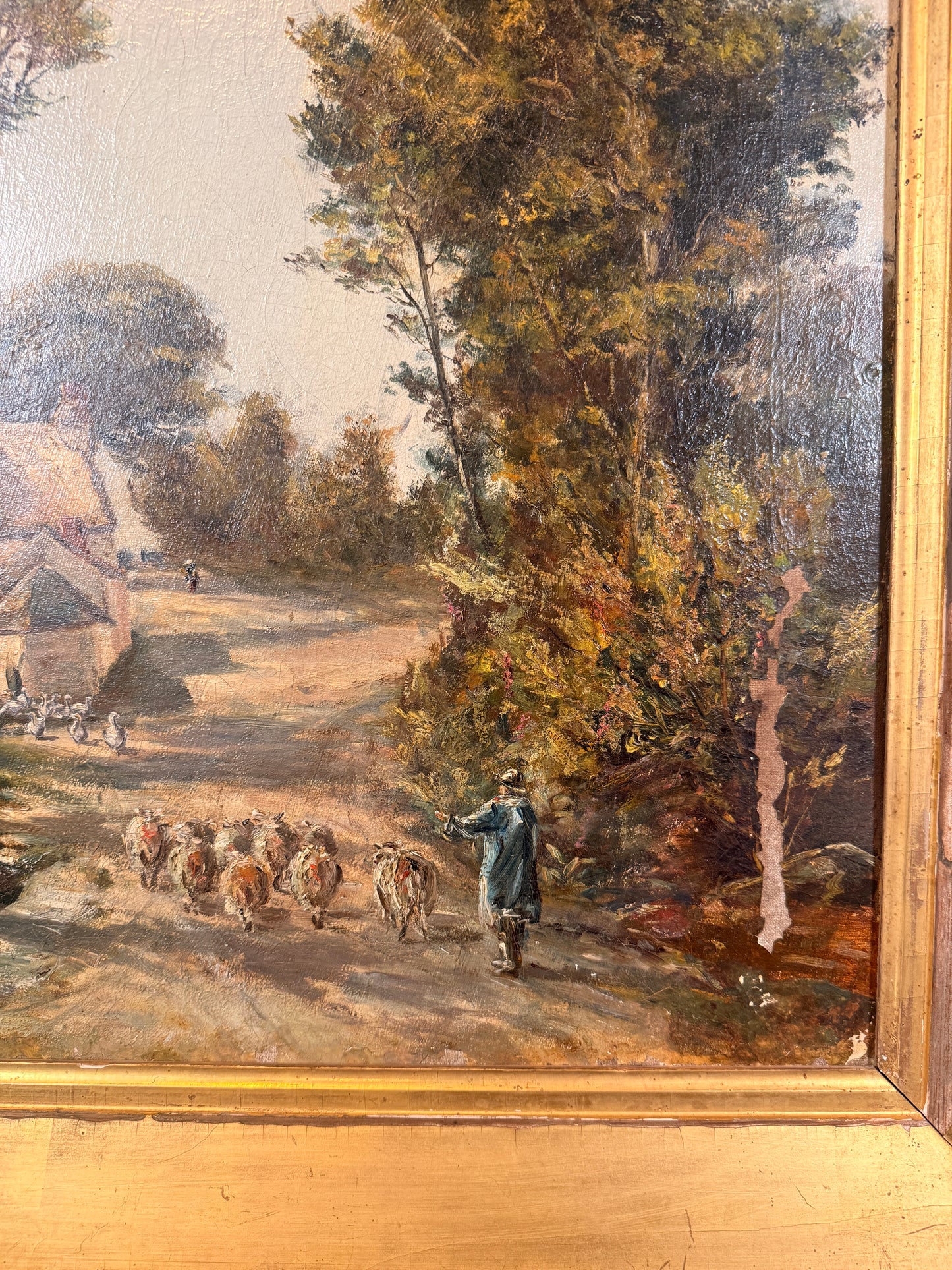 Antique shepherd and flock on country lane, oil on canvas